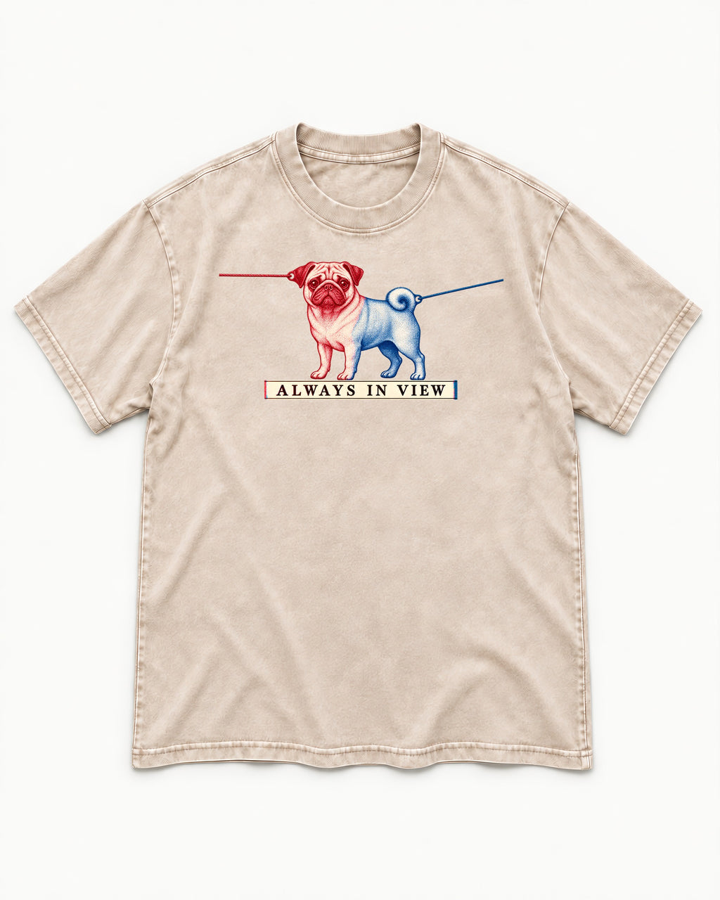 Pug Always in View Split Leash Graphic Washed Tee in Apricot, flat lay product photo