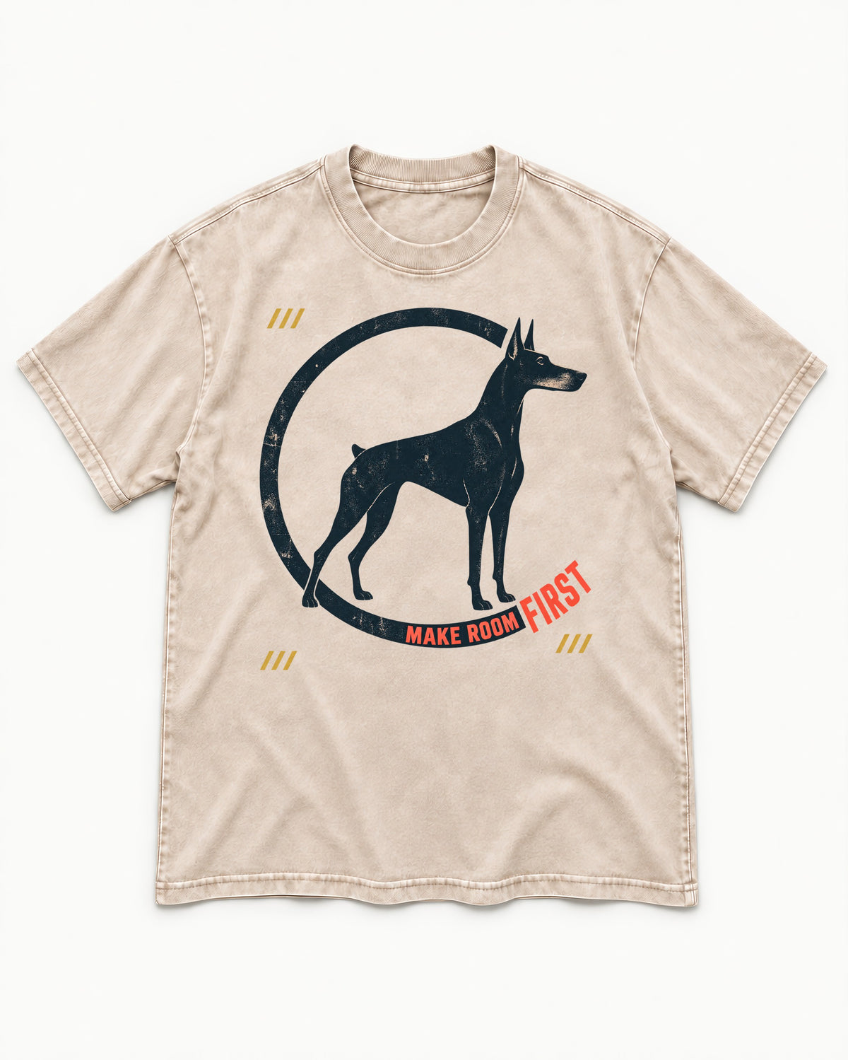 Make Room First Doberman Washed Tee in Apricot, flat lay product photo