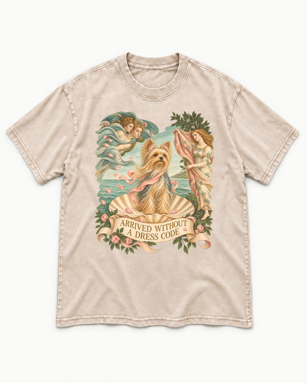 Yorkshire Terrier Arrived Without a Dress Code Venus Graphic Washed Tee in Apricot, flat lay product photo