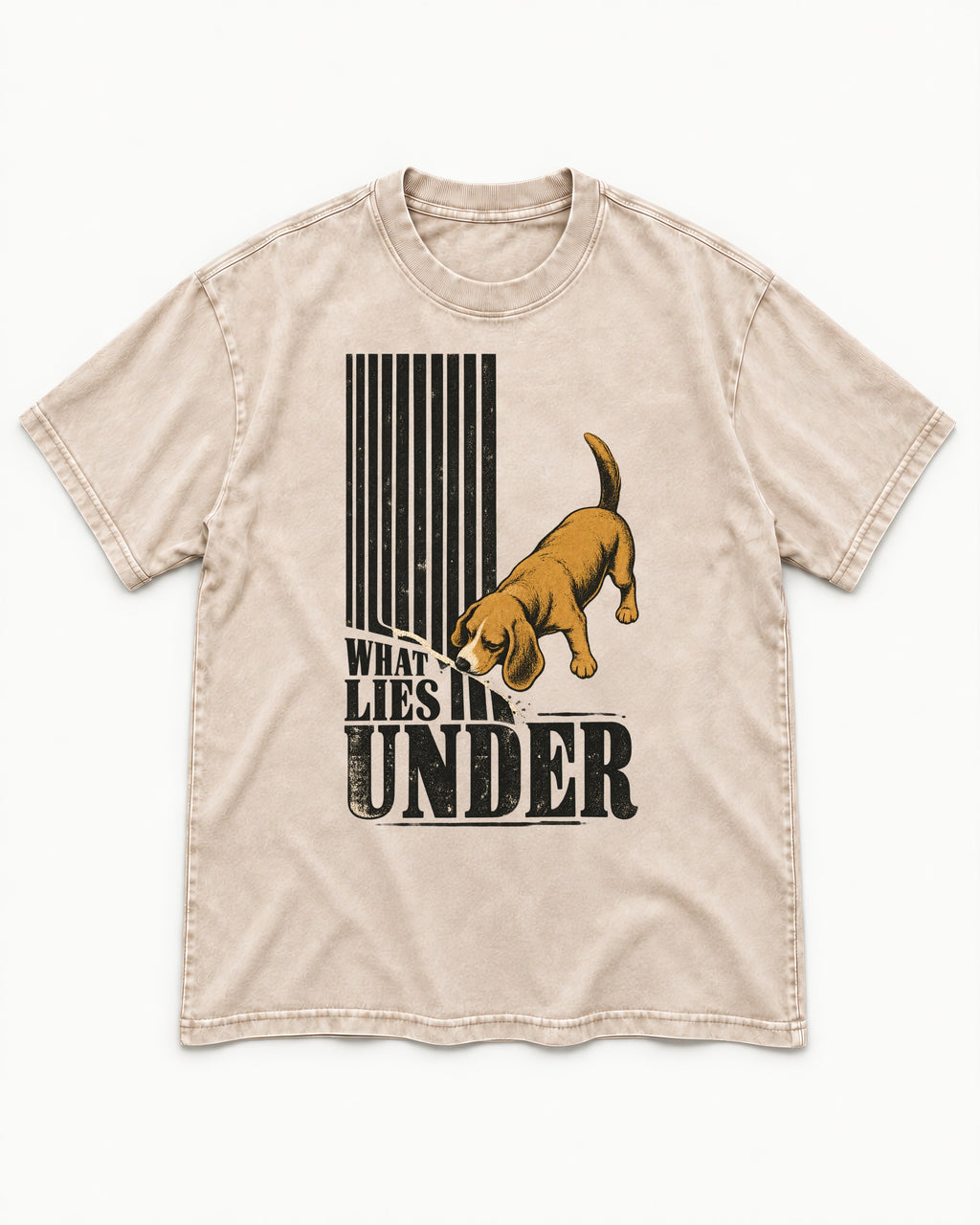 Beagle Knows What Lies Under Washed Tee in Apricot, flat lay product photo