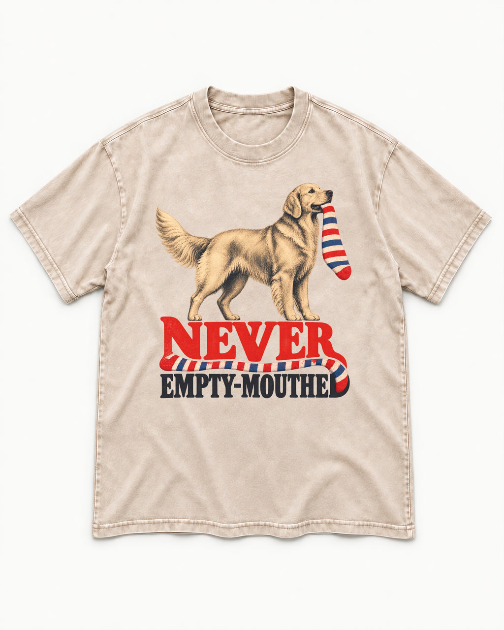 Never Empty Mouthed Golden Retriever Washed Tee in Apricot, flat lay product photo