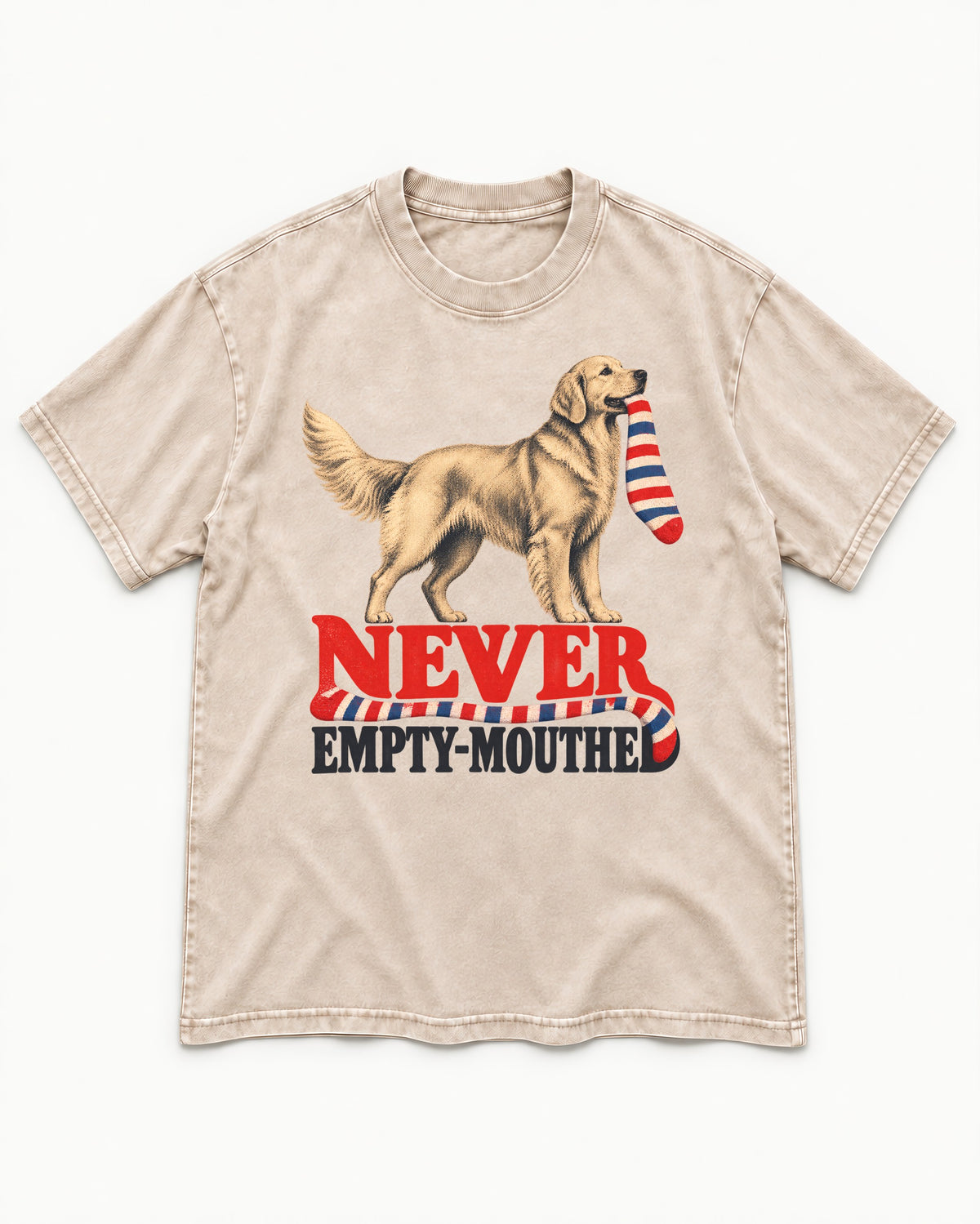 Never Empty Mouthed Golden Retriever Washed Tee in Apricot, flat lay product photo