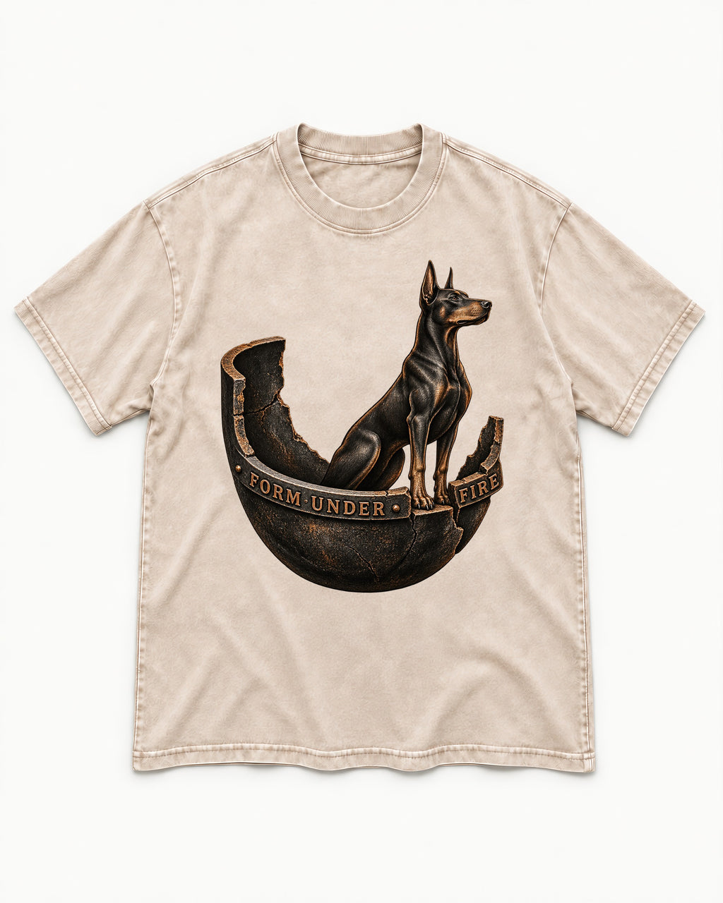Doberman Form Under Fire Broken Shell Graphic Washed Tee in Apricot, flat lay product photo