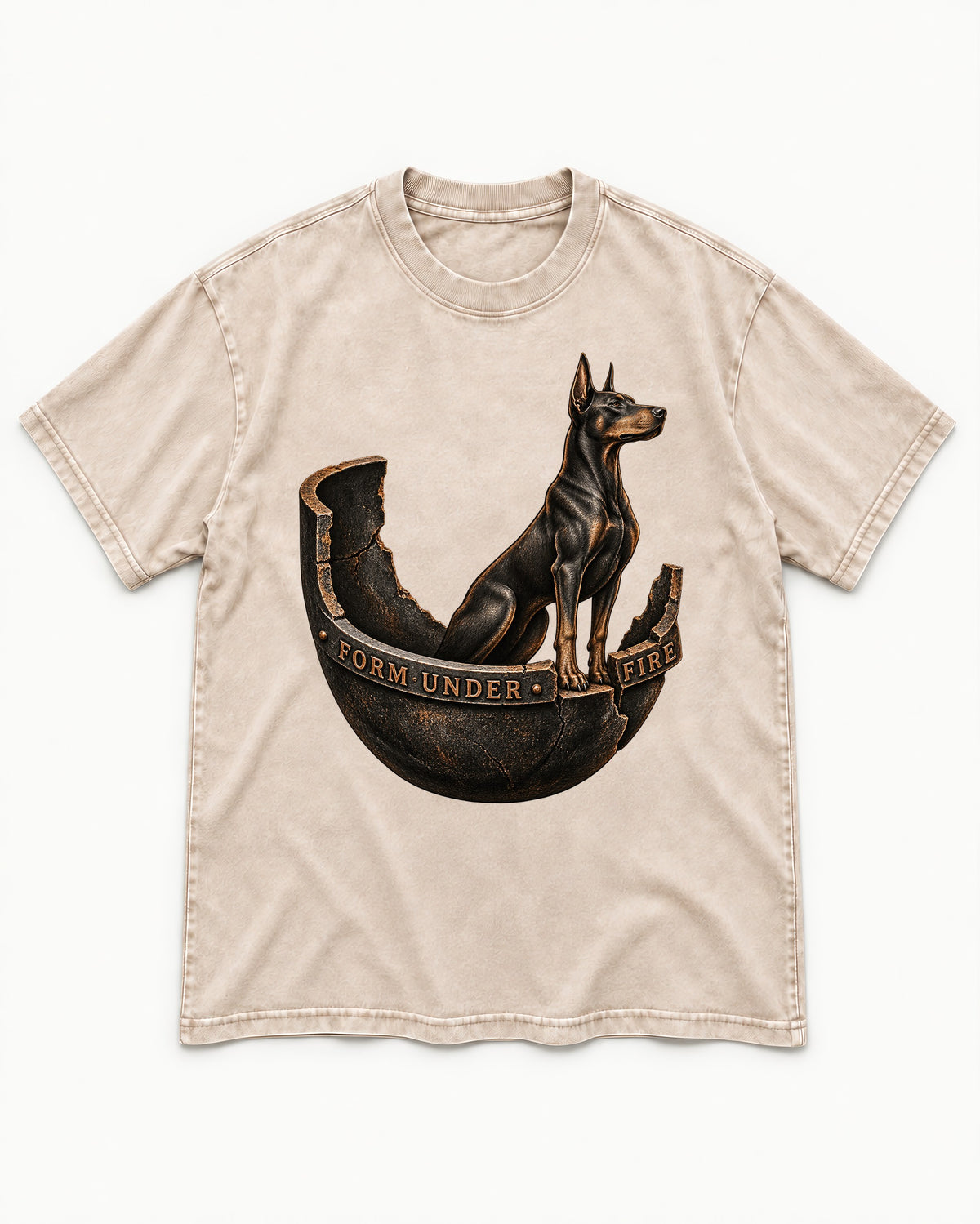 Doberman Form Under Fire Broken Shell Graphic Washed Tee in Apricot, flat lay product photo