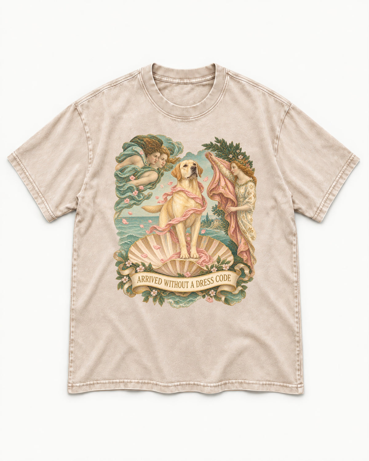 Labrador Retriever Without a Dress Code Washed Tee in Apricot, flat lay product photo
