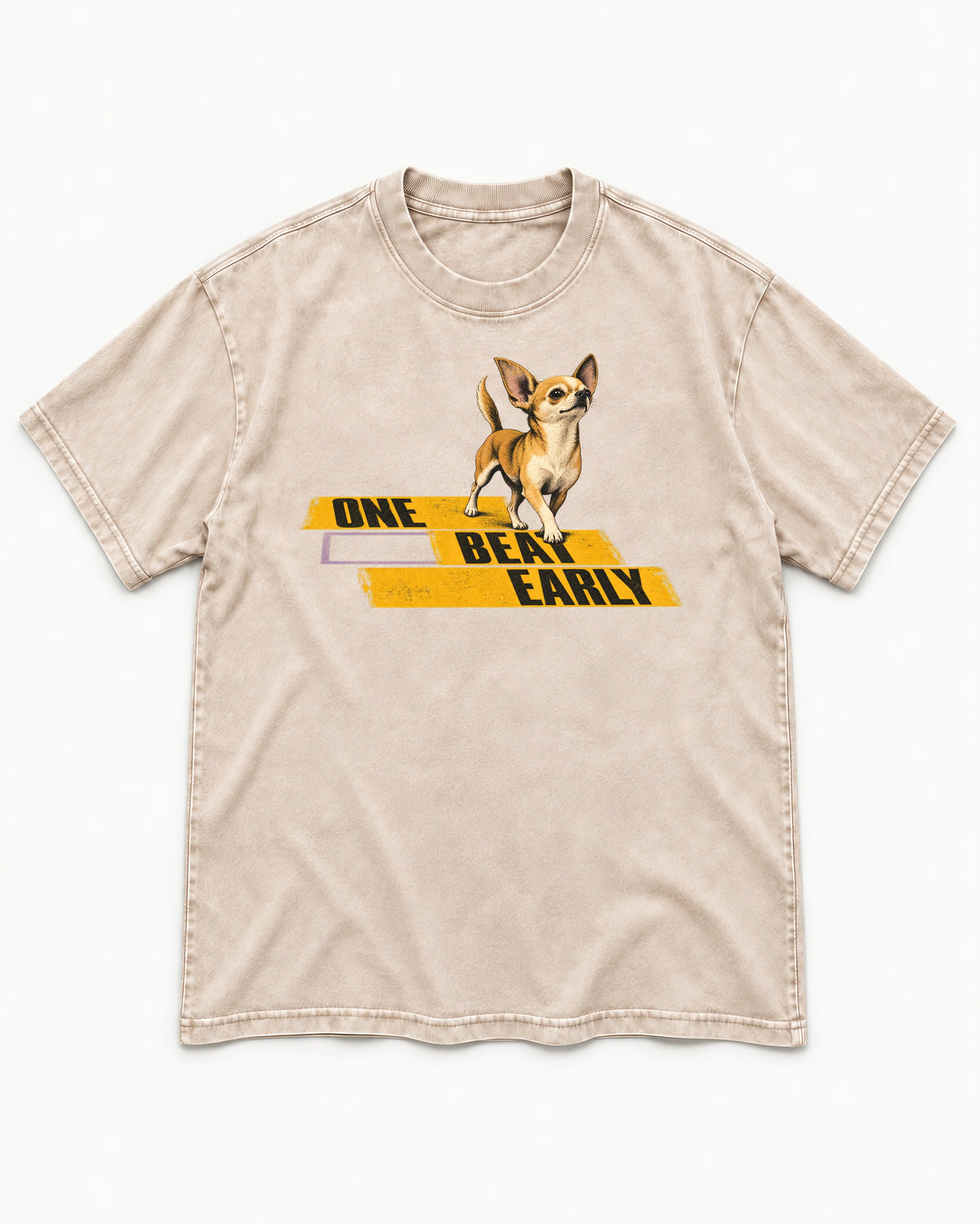 One Beat Early Chihuahua Washed Tee in Apricot, flat lay product photo