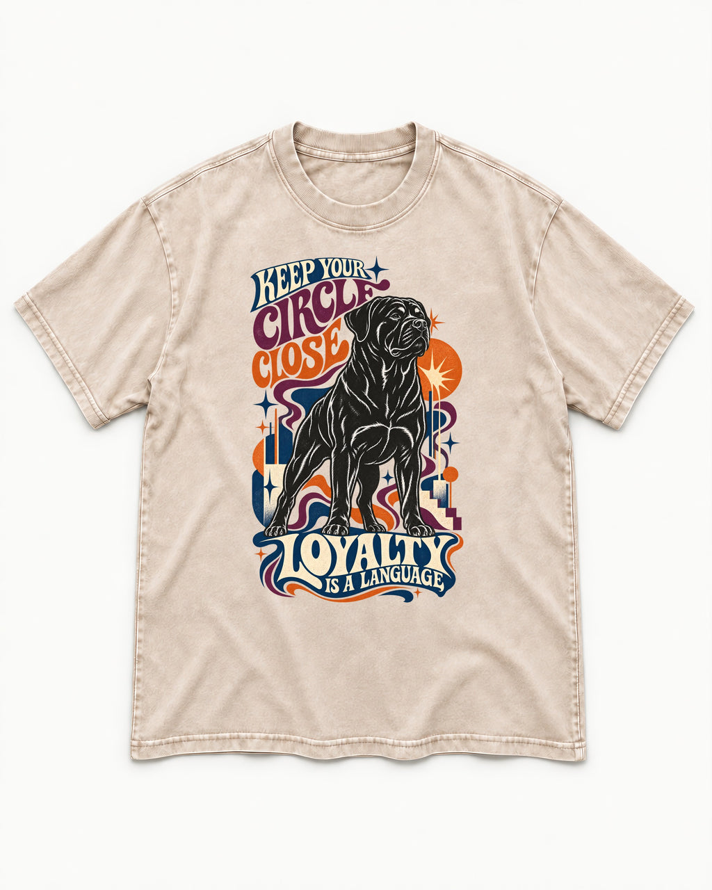 Keep Your Rottweiler Circle Close Washed Tee in Apricot, flat lay product photo