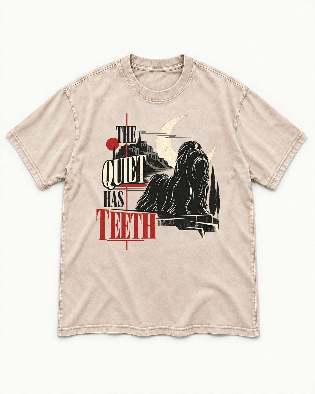 The Quiet Shih Tzu Has Teeth Washed Tee in Apricot, flat lay product photo