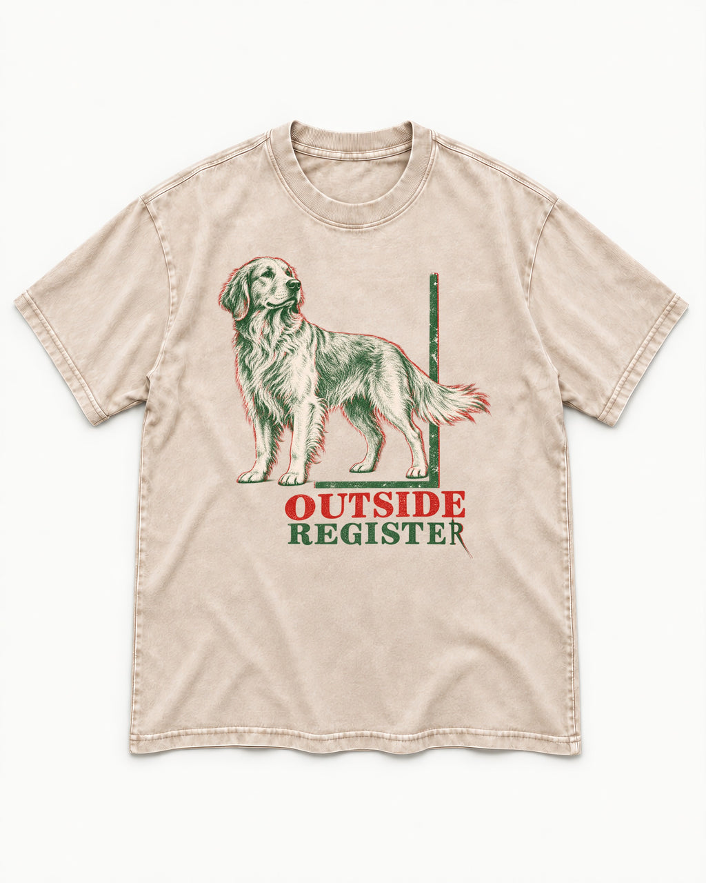 Outside Register Golden Retriever Washed Tee in Apricot, flat lay product photo