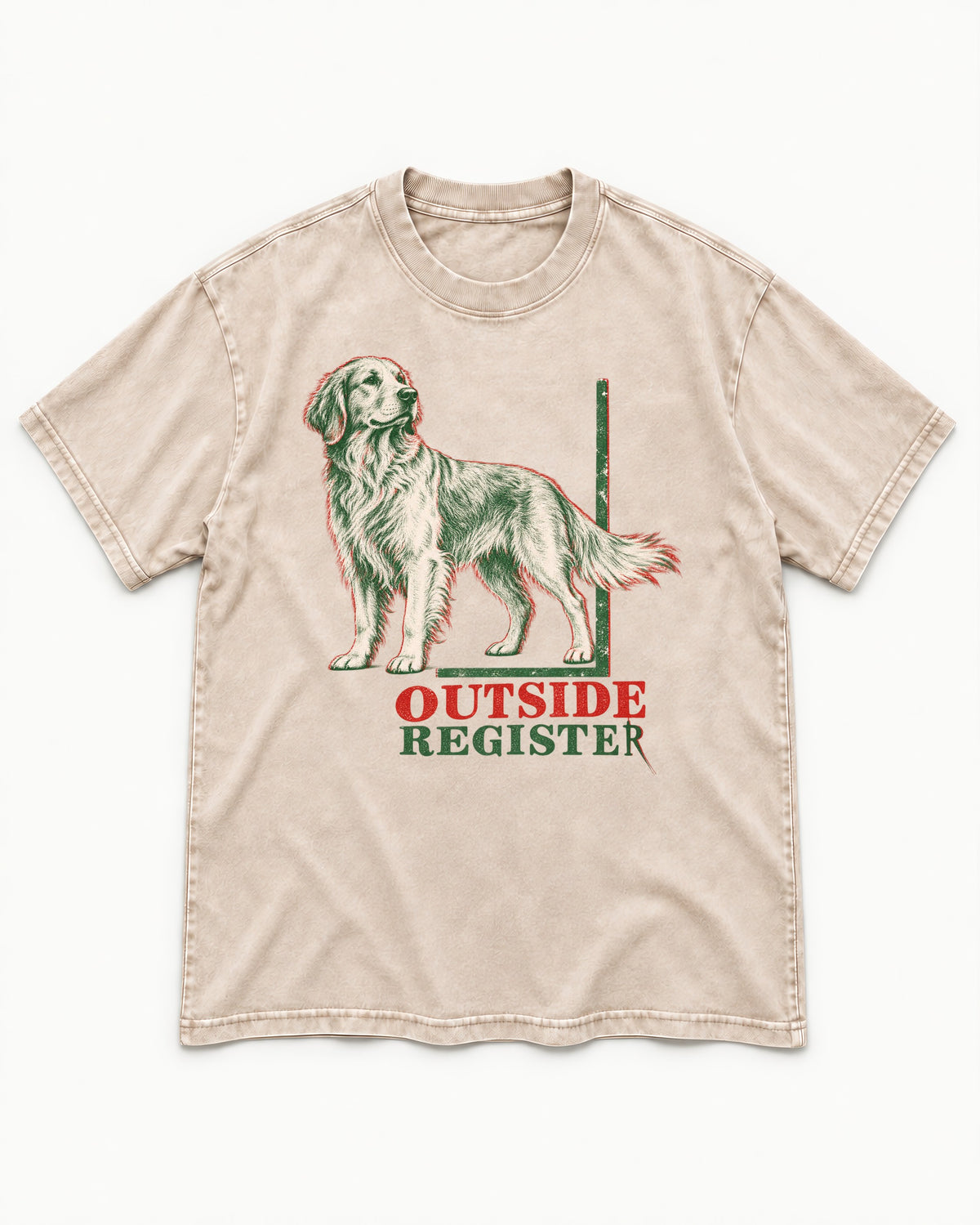 Outside Register Golden Retriever Washed Tee in Apricot, flat lay product photo