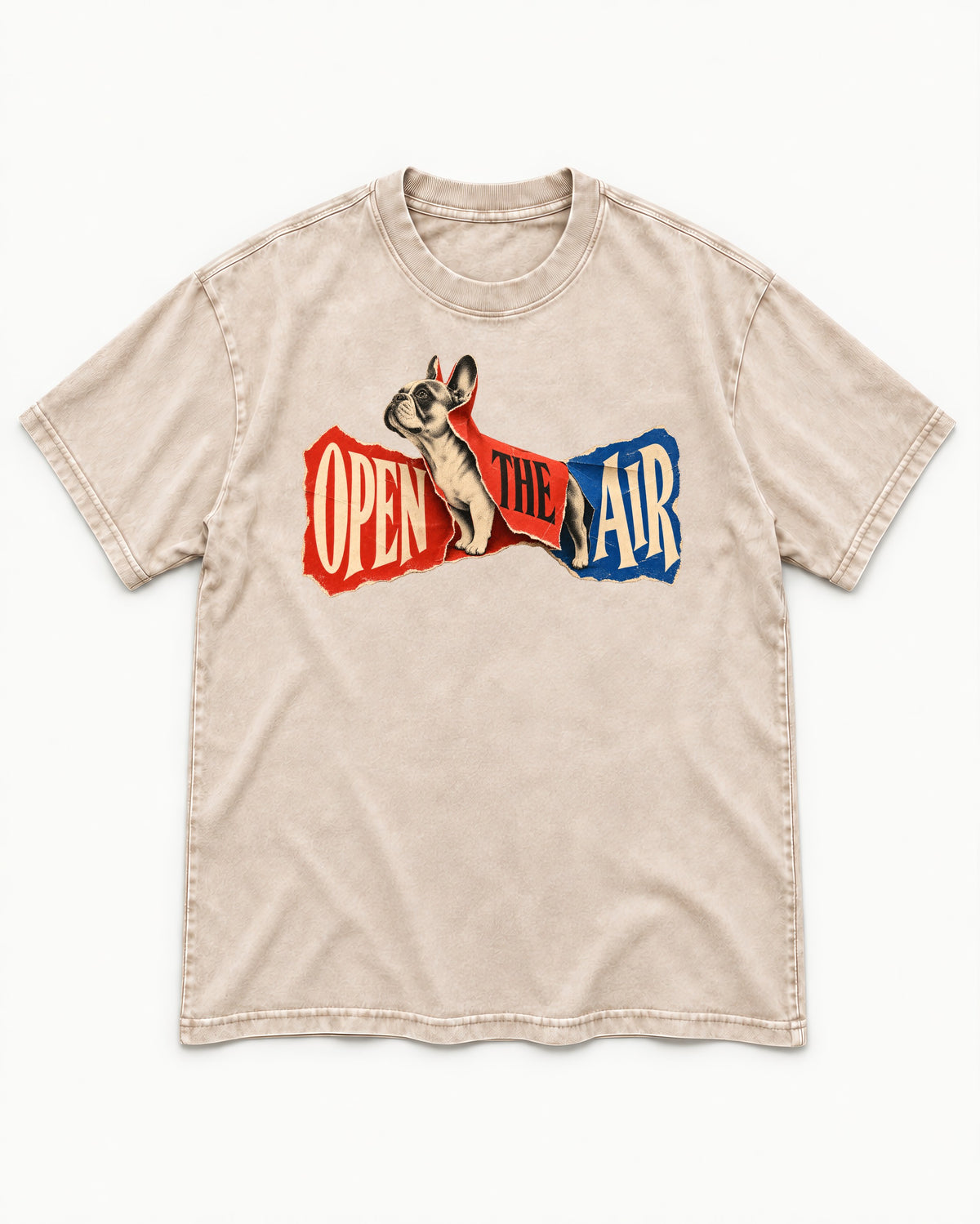 Frenchie Open the Air Torn Poster Graphic Washed Tee in Apricot, flat lay product photo