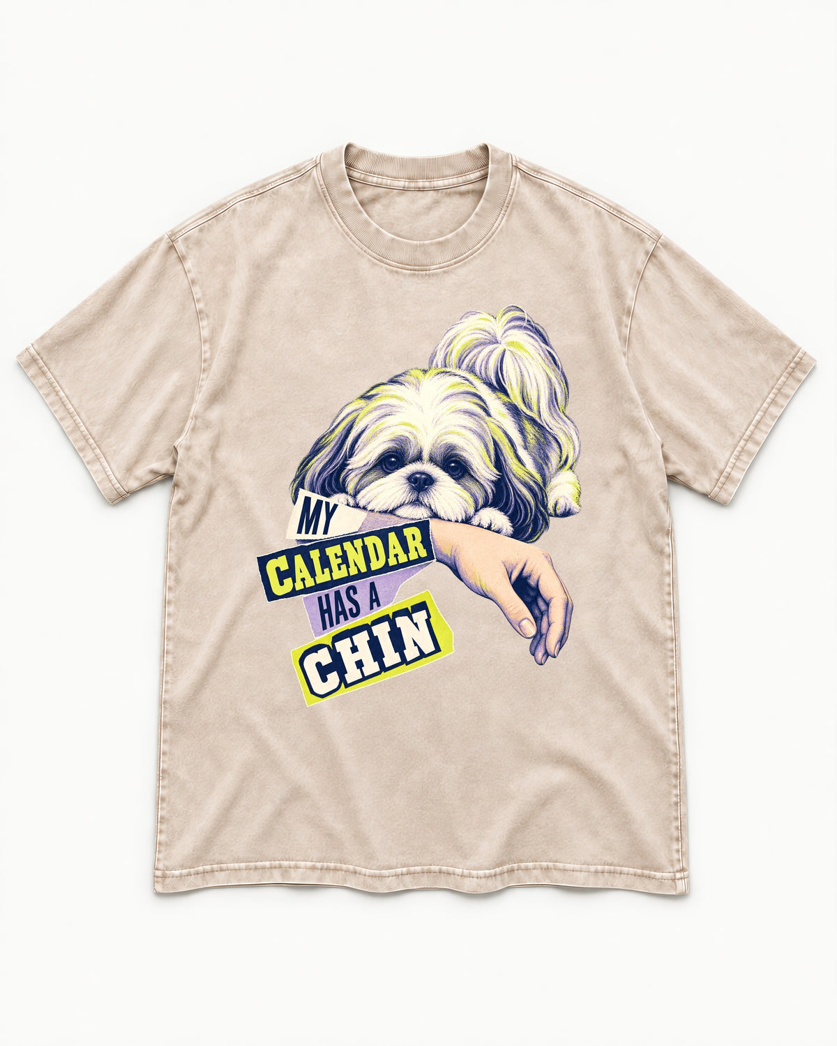 Shih Tzu My Calendar Has a Chin Arm Rest Graphic Washed Tee in Apricot, flat lay product photo