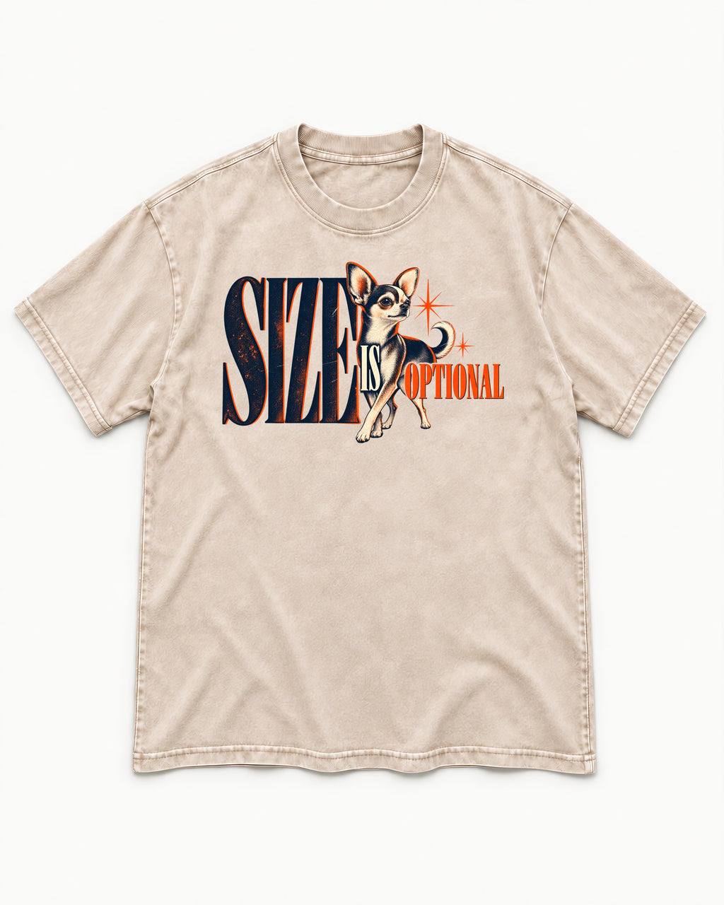 Chihuahua Size Is Optional Starburst Graphic Washed Tee in Apricot, flat lay product photo