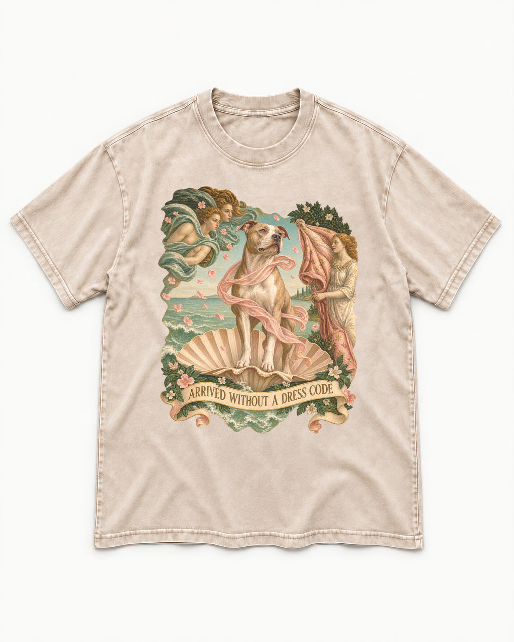 Pitbull Arrived Without a Dress Code Venus Parody Graphic Washed Tee in Apricot, flat lay product photo
