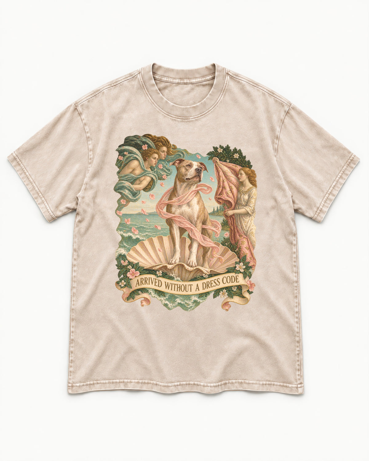Pitbull Arrived Without a Dress Code Venus Parody Graphic Washed Tee in Apricot, flat lay product photo