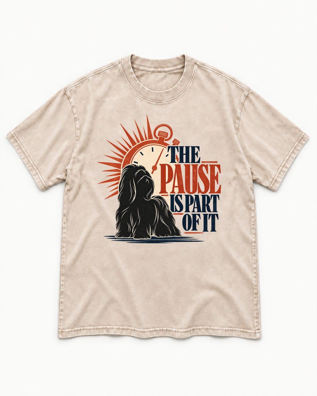 The Shih Tzu Pause Washed Tee in Apricot, flat lay product photo