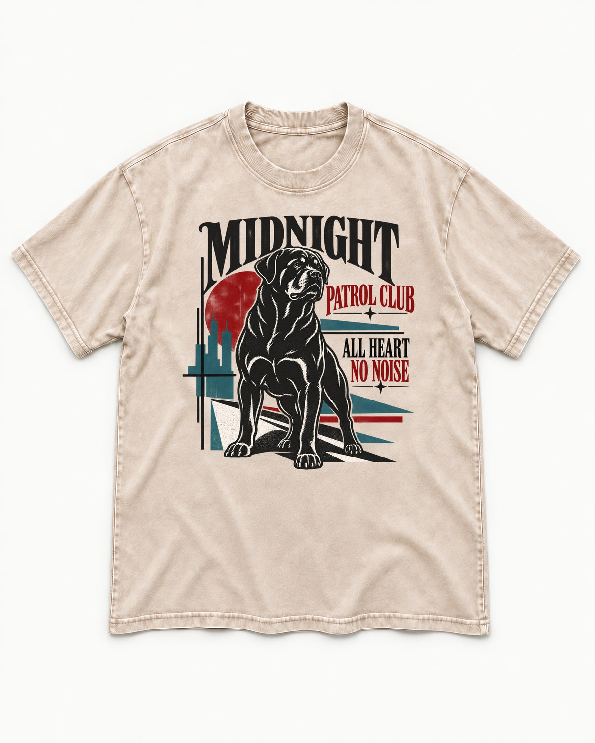 Rottweiler Midnight Patrol Club Washed Tee in Apricot, flat lay product photo