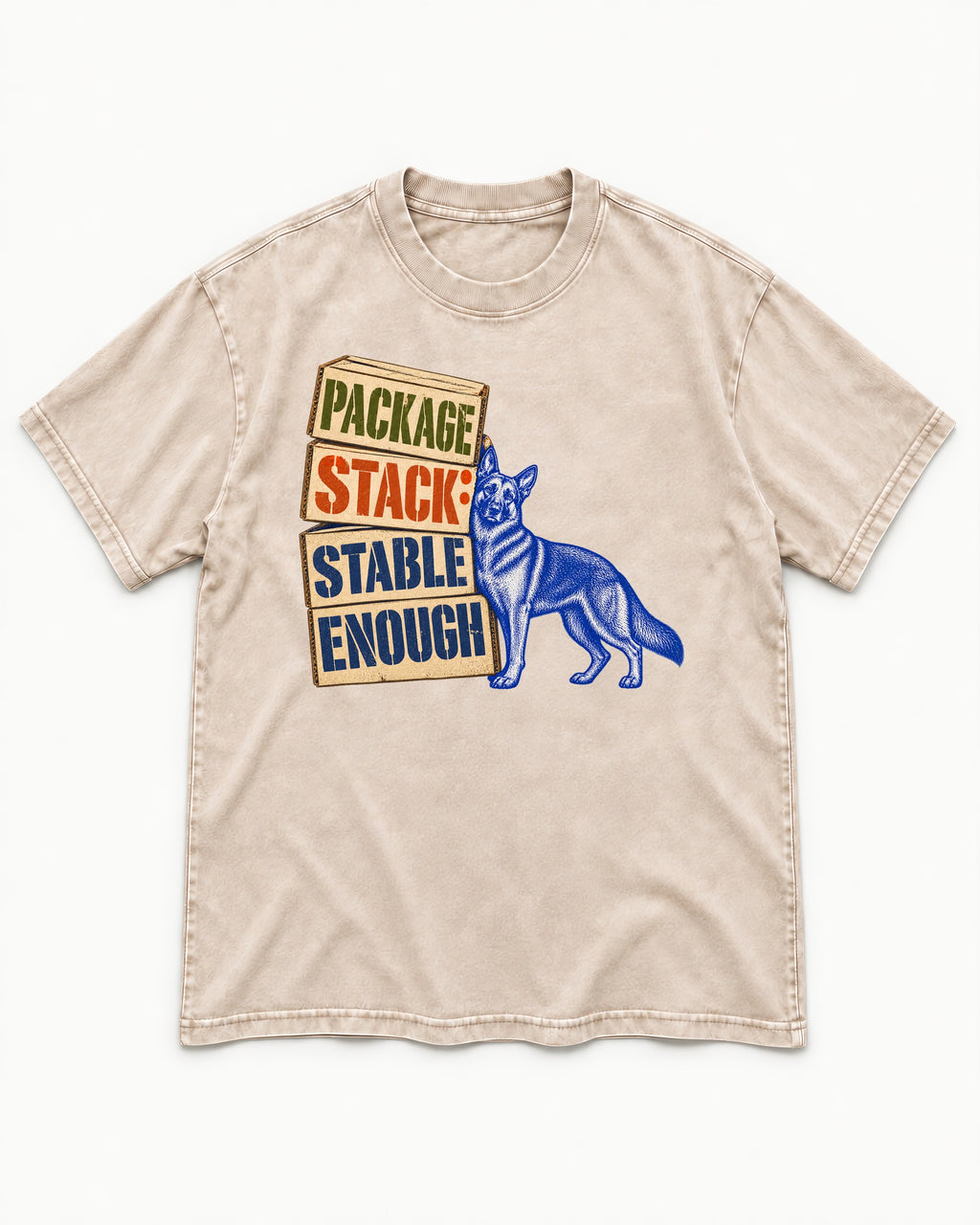 Package Stack Stable Enough German Shepherd Dog Washed Tee in Apricot, flat lay product photo