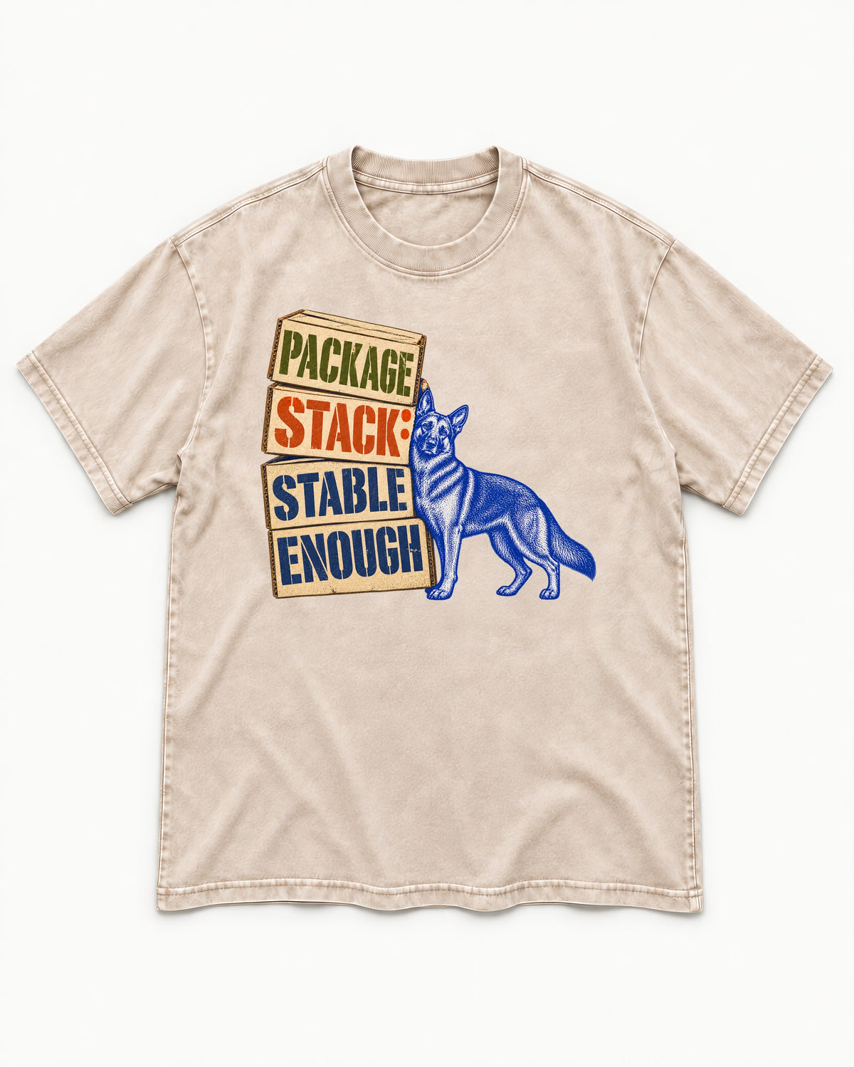Package Stack Stable Enough German Shepherd Dog Washed Tee in Apricot, flat lay product photo