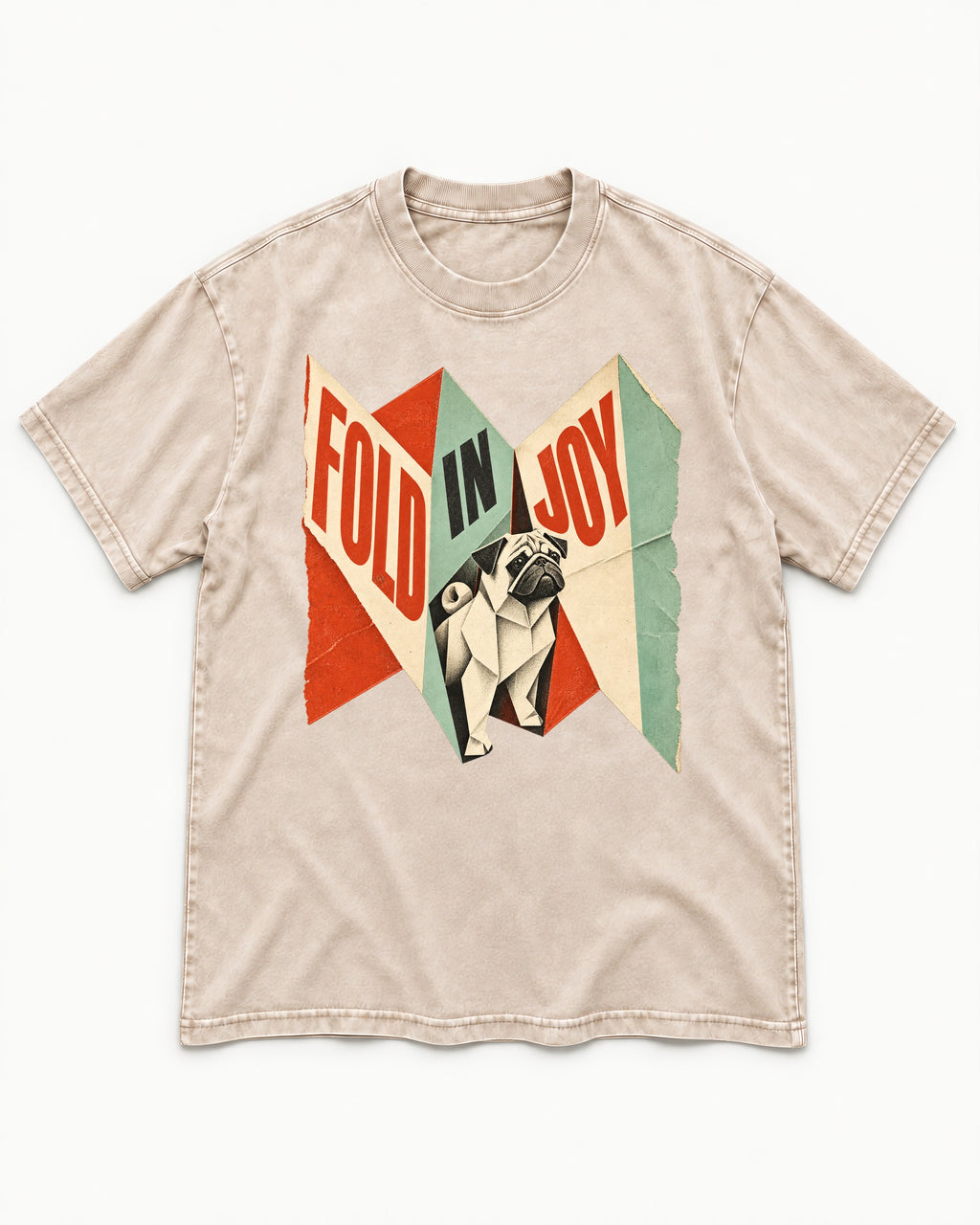 Pug Fold in Joy Geometric Poster Graphic Washed Tee in Apricot, flat lay product photo