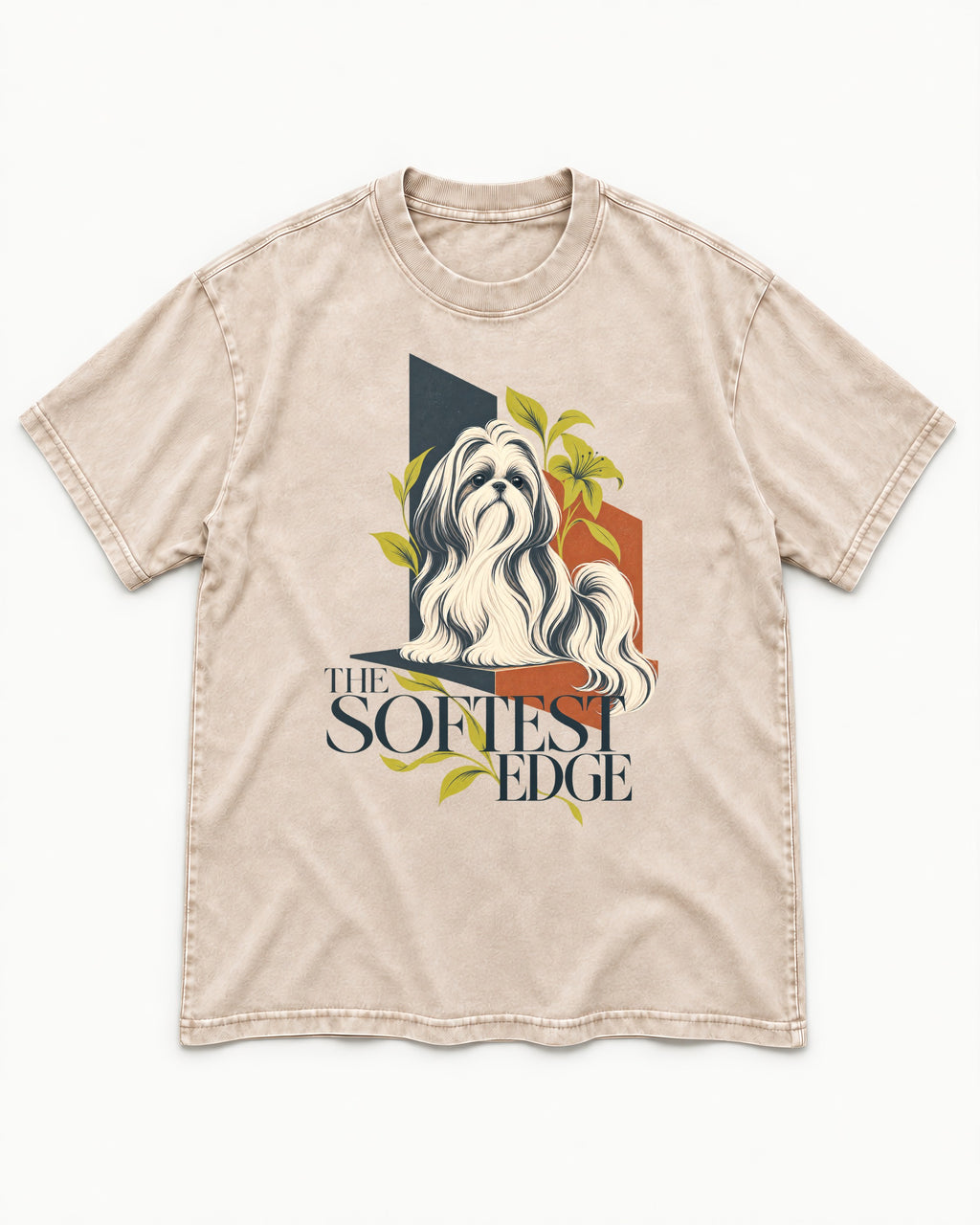 Shih Tzu The Softest Edge Washed Tee in Apricot, flat lay product photo
