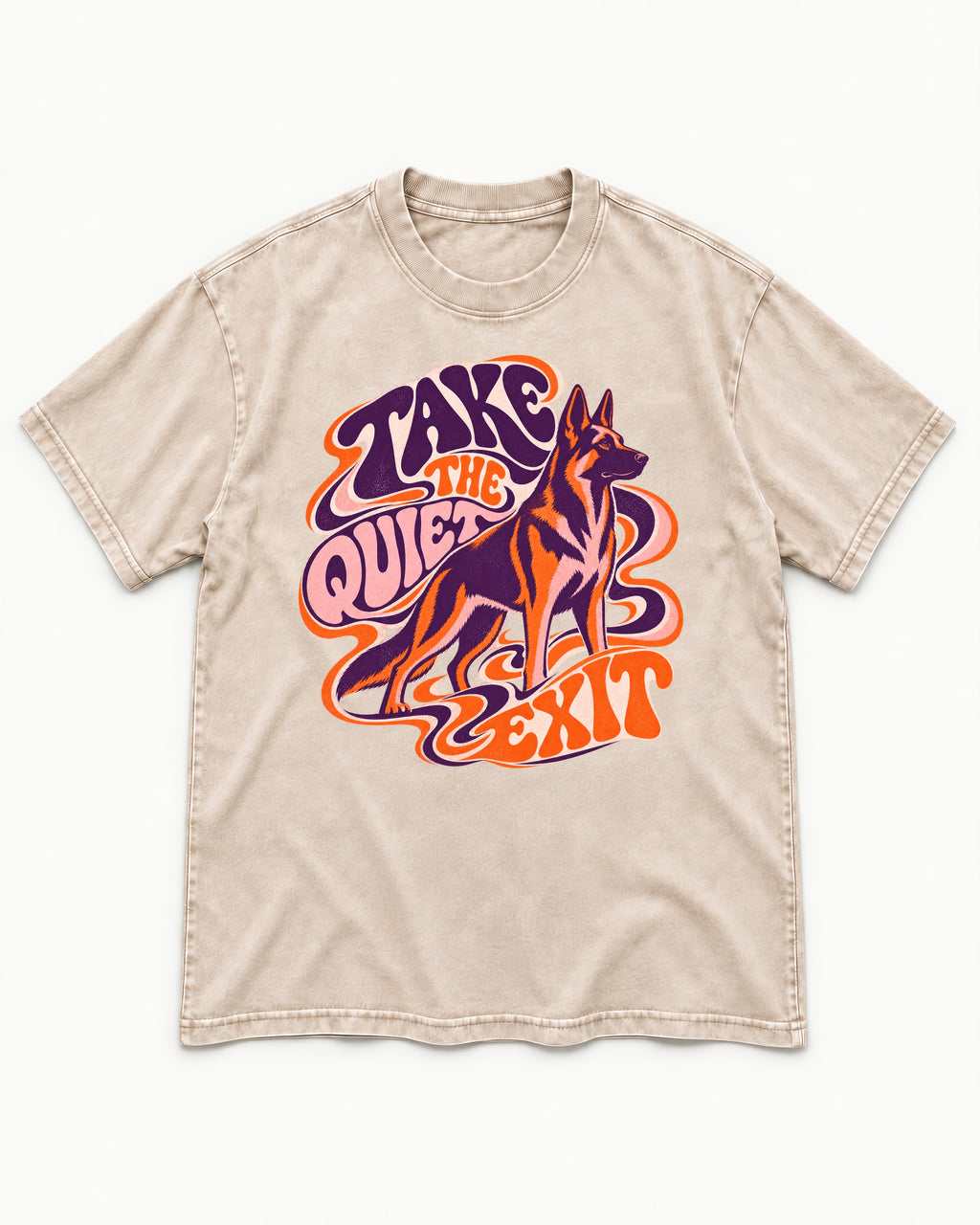 Take The Quiet Exit Psychedelic German Shepherd Dog Graphic Washed Tee in Apricot, flat lay product photo