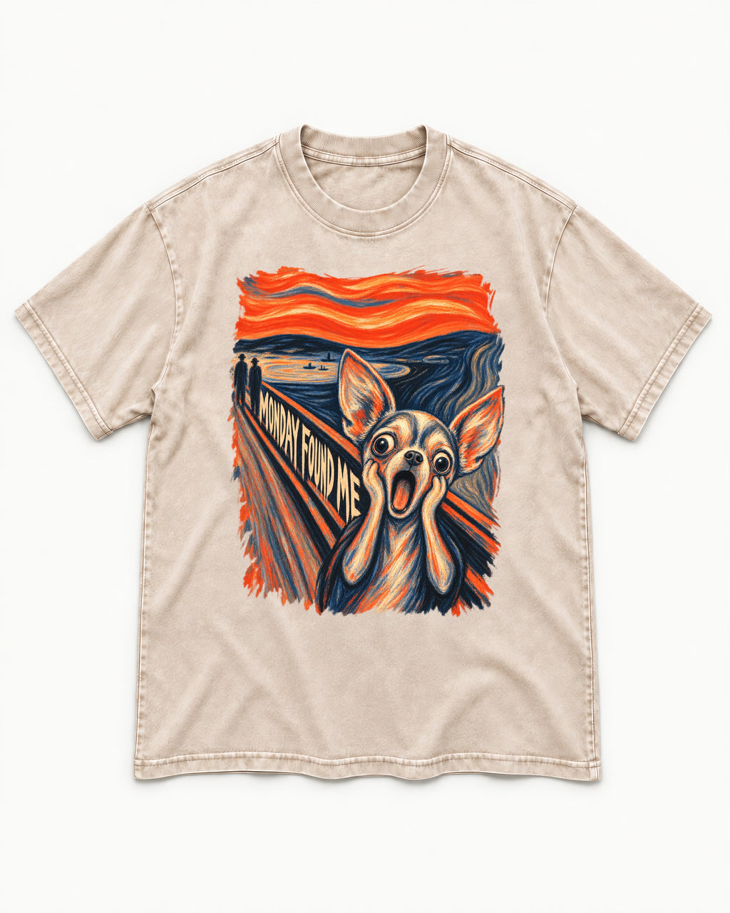 Monday Found Me Chihuahua Scream Path Washed Tee in Apricot, flat lay product photo