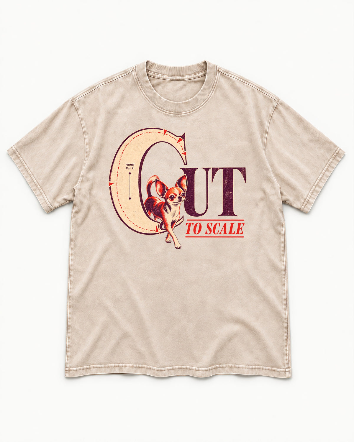 Chihuahua Cut to Scale Sewing Pattern Graphic Washed Tee in Apricot, flat lay product photo