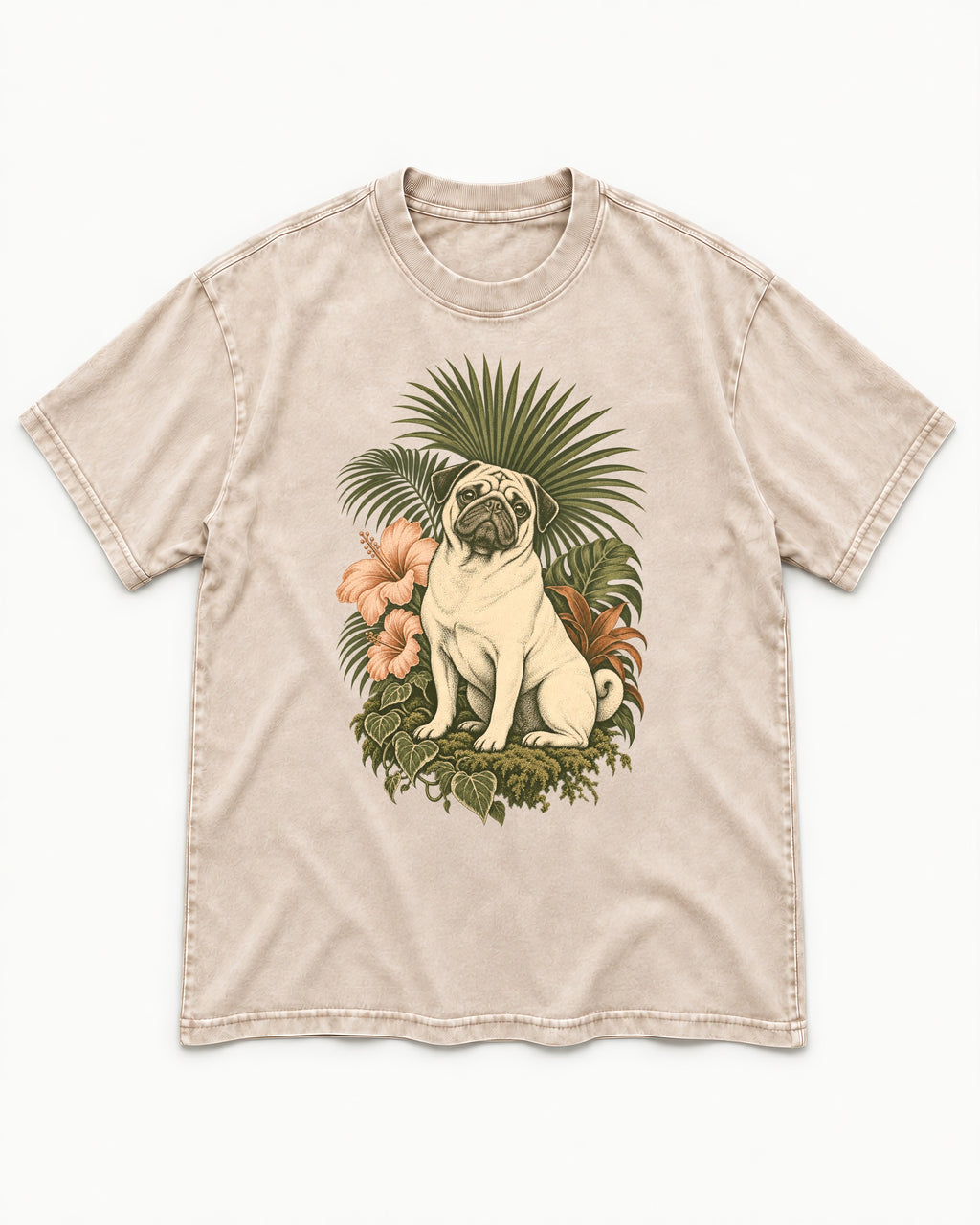 Pug Paradise Washed Tee in Apricot, flat lay product photo