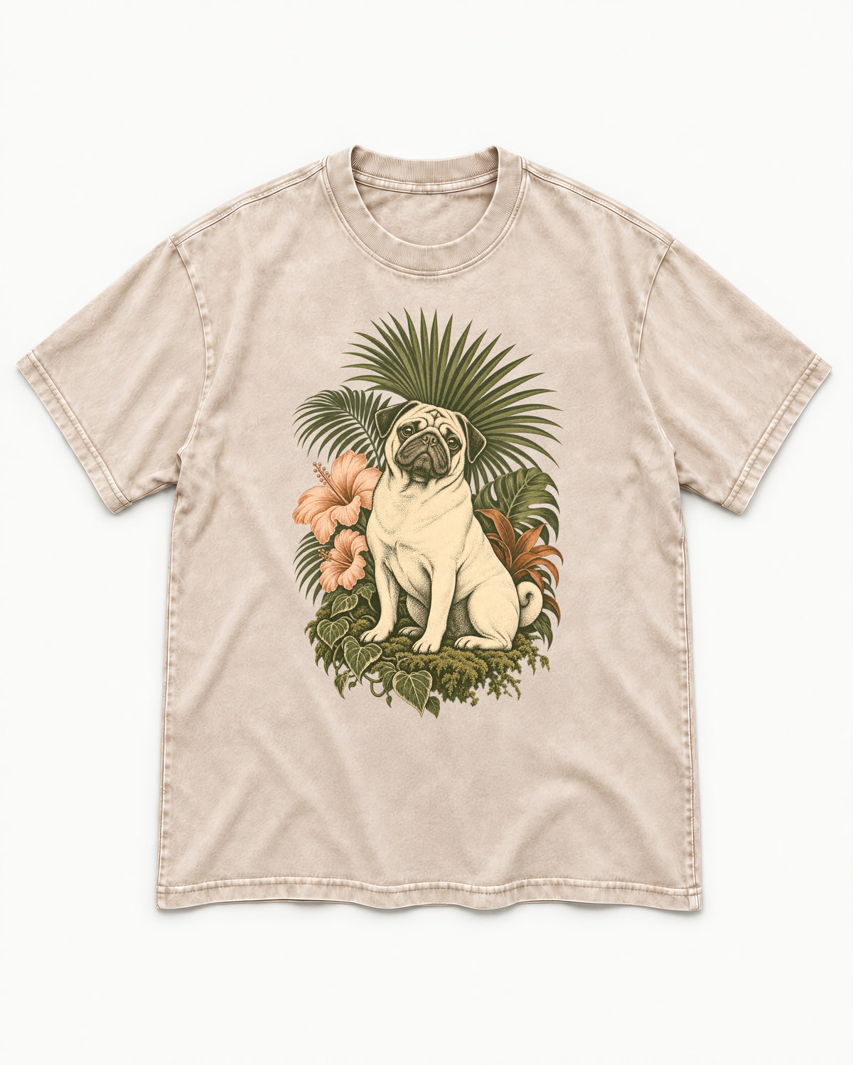 Pug Paradise Washed Tee in Apricot, flat lay product photo
