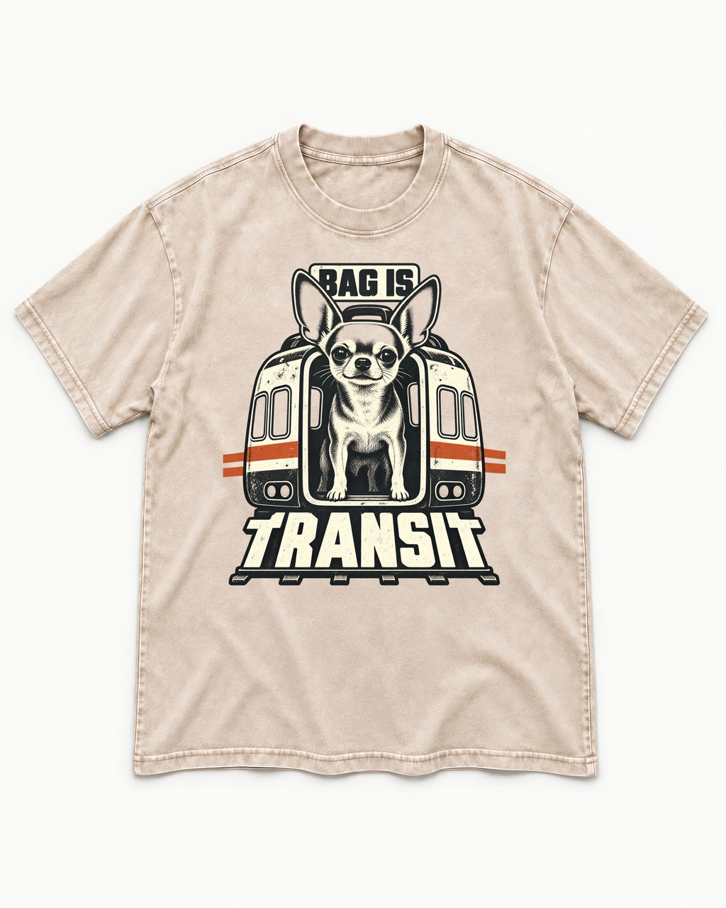 Chihuahua Bag Is Transit Train Front Graphic Washed Tee in Apricot, flat lay product photo
