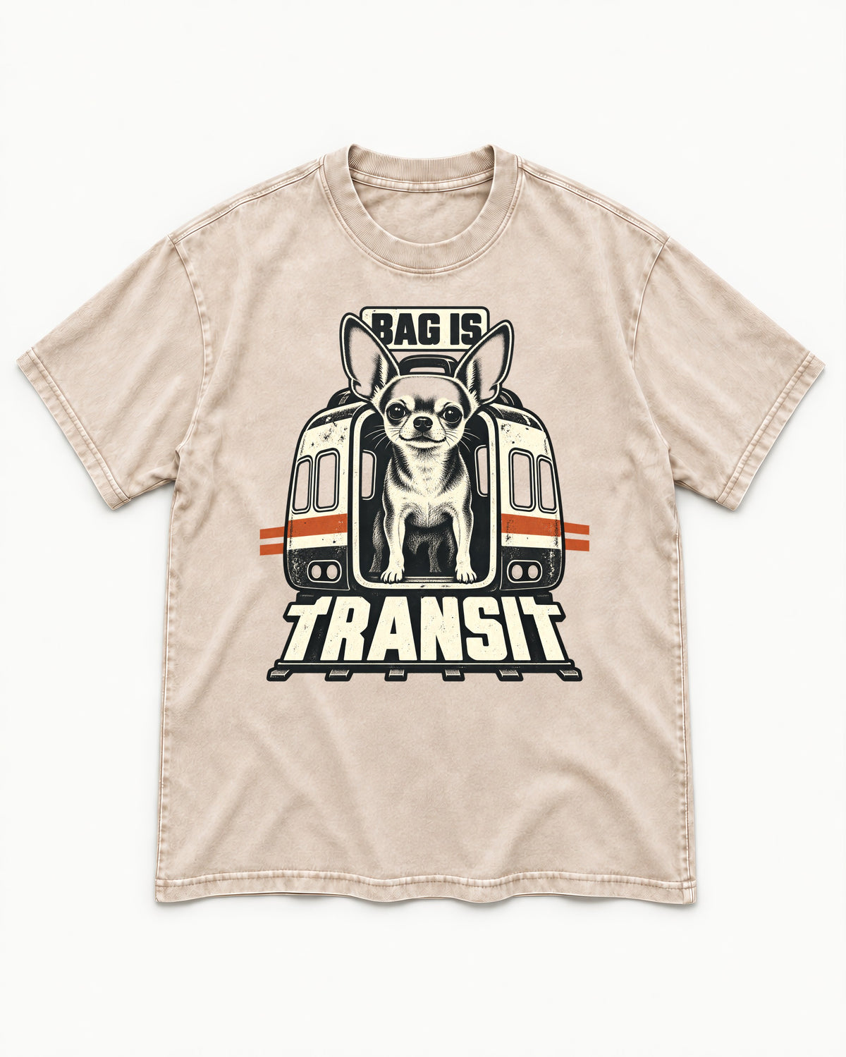 Chihuahua Bag Is Transit Train Front Graphic Washed Tee in Apricot, flat lay product photo