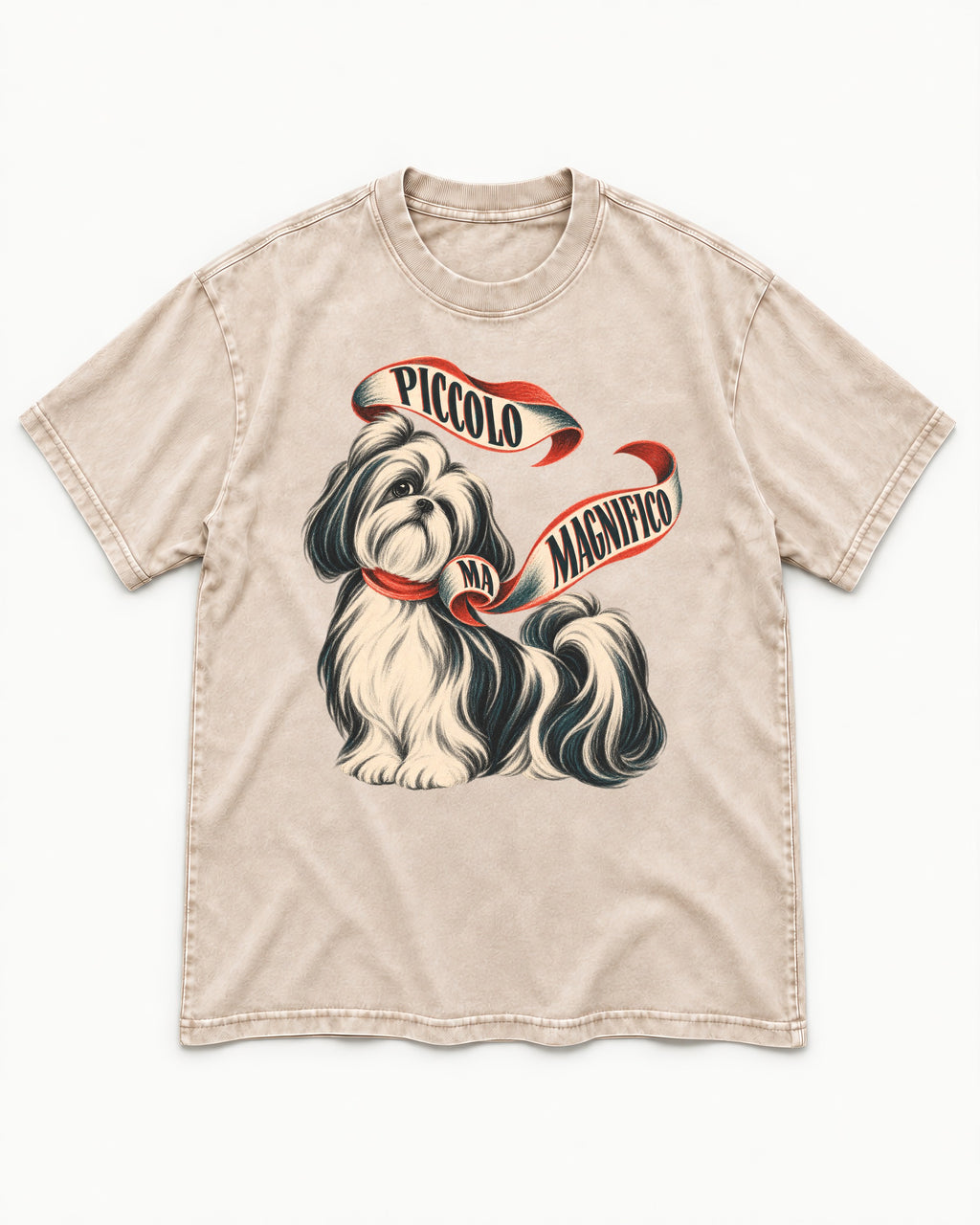 Piccolo Ma Magnifico Shih Tzu Washed Tee in Apricot, flat lay product photo