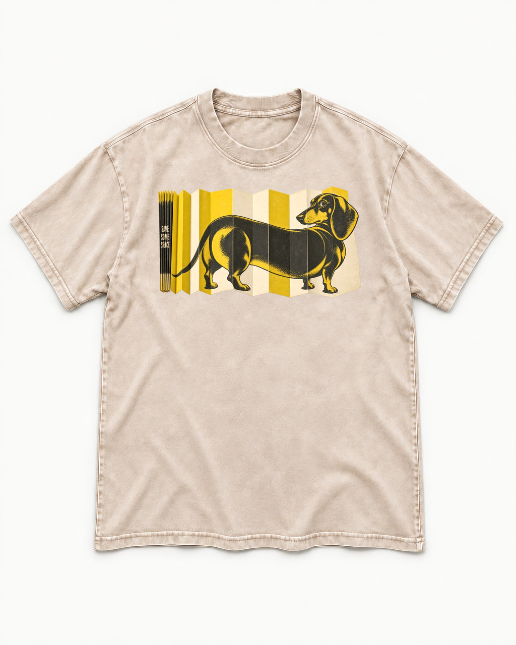 Dachshund Save Some Space Accordion Screen Graphic Washed Tee in Apricot, flat lay product photo