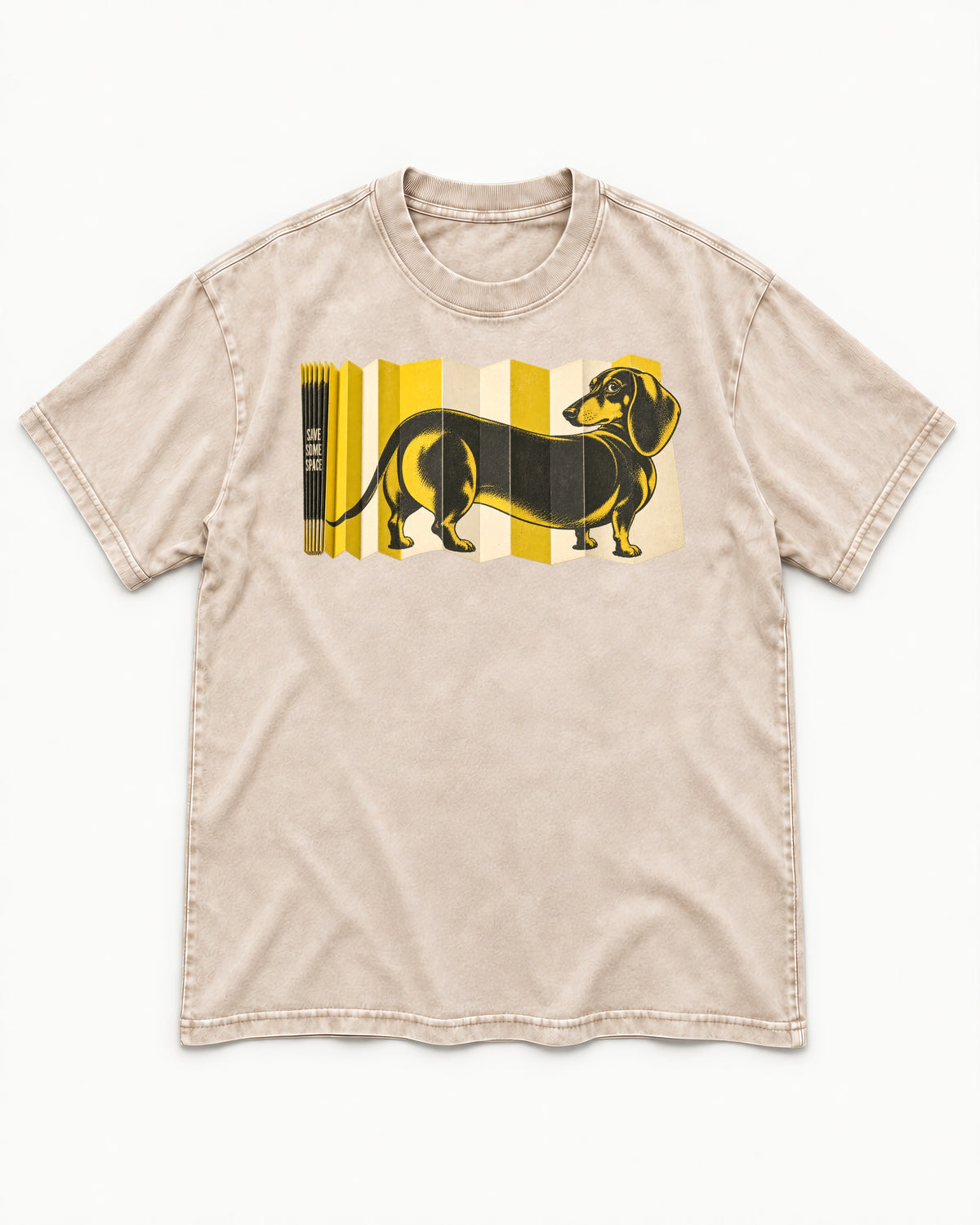 Dachshund Save Some Space Accordion Screen Graphic Washed Tee in Apricot, flat lay product photo