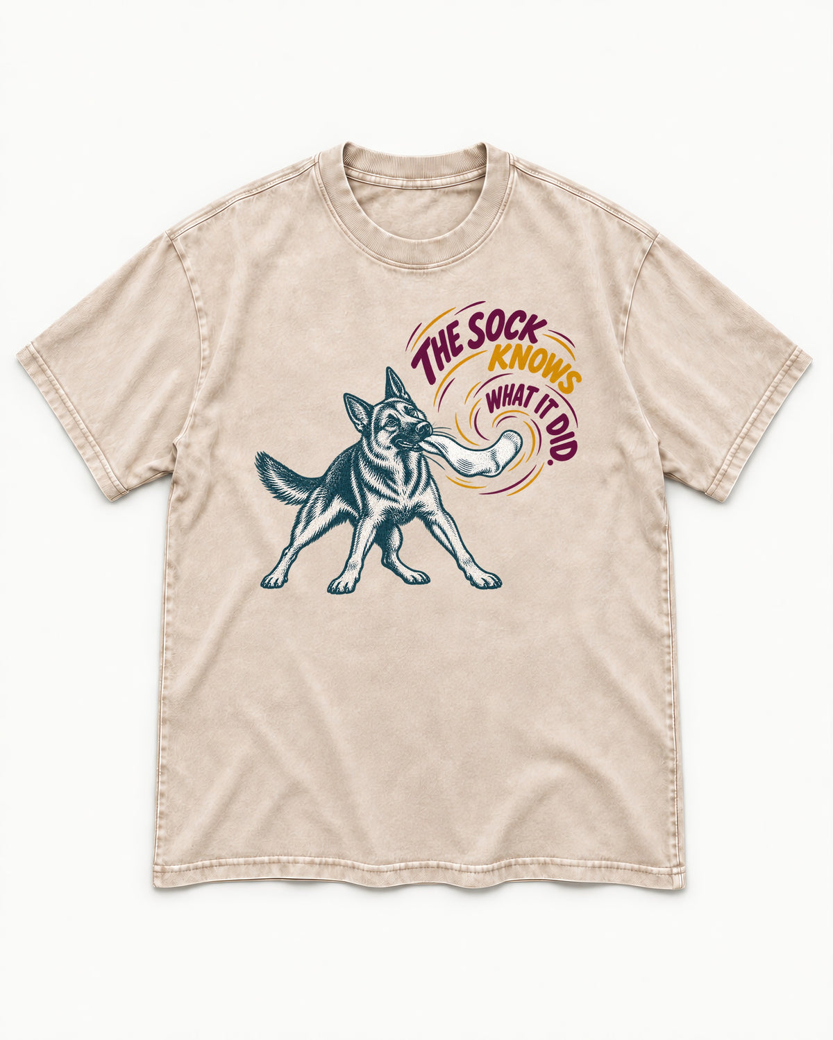 German Shepherd Dog The Sock Knows What I Did Graphic Washed Tee in Apricot, flat lay product photo