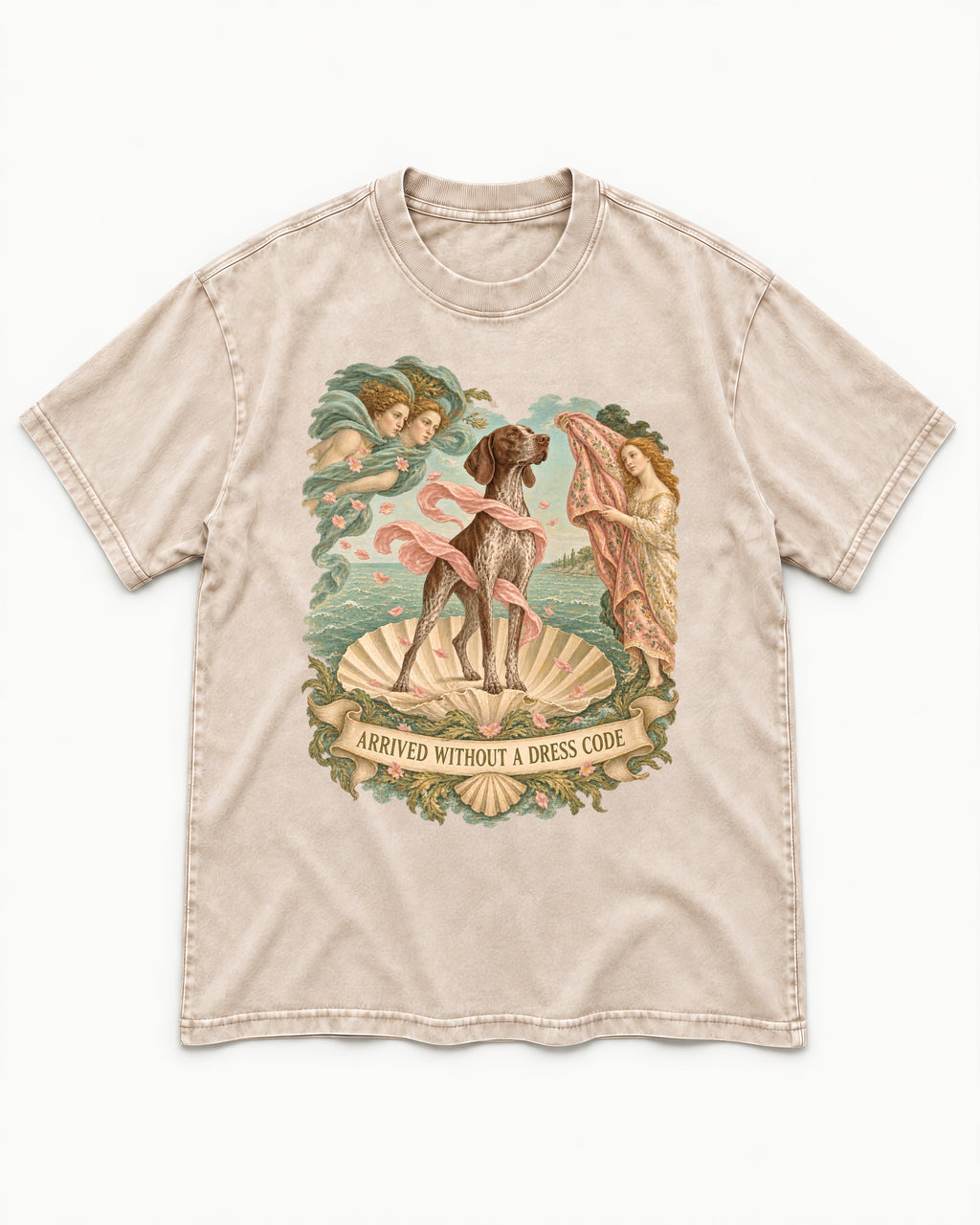 German Shorthaired Pointer Arrived Without A Dress Code Birth Of Venus Graphic Washed Tee in Apricot, flat lay product photo