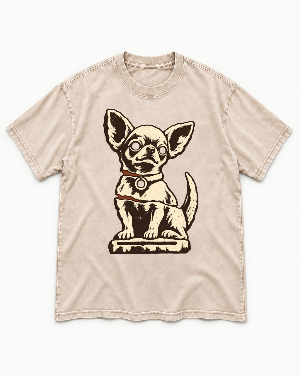 Chihuahua's Eternal Vigil Washed Tee in Apricot, flat lay product photo