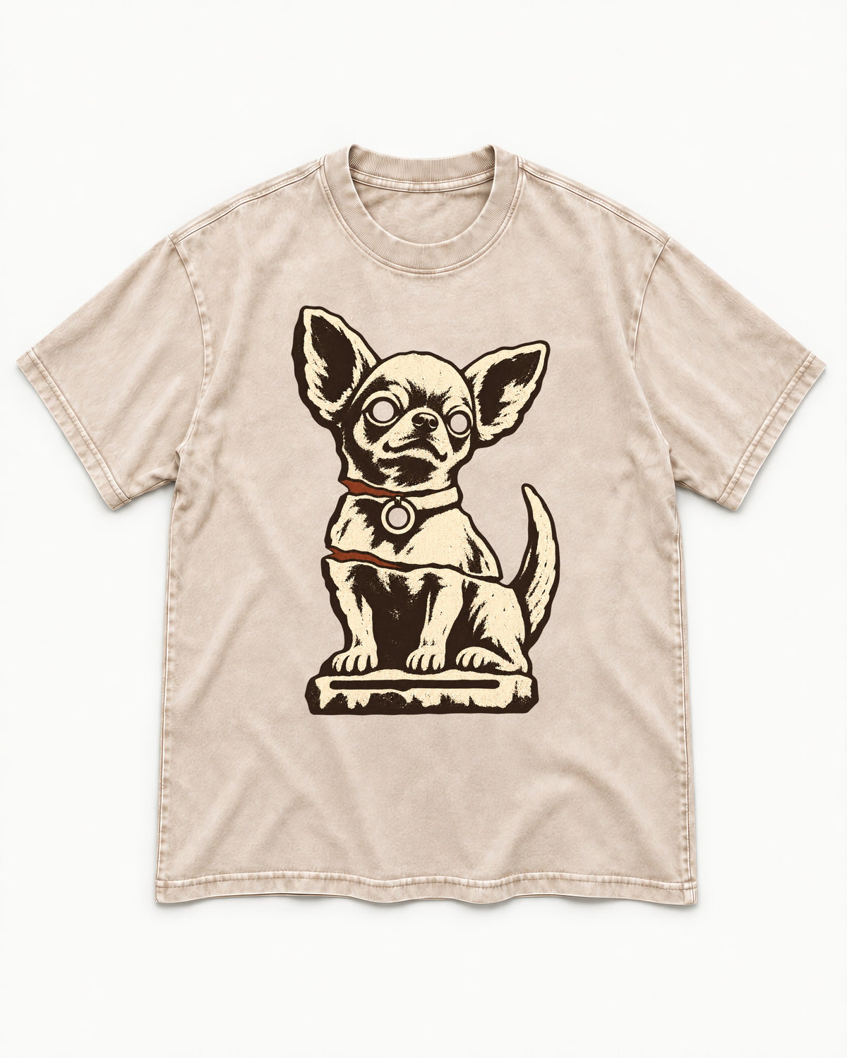 Chihuahua's Eternal Vigil Washed Tee in Apricot, flat lay product photo