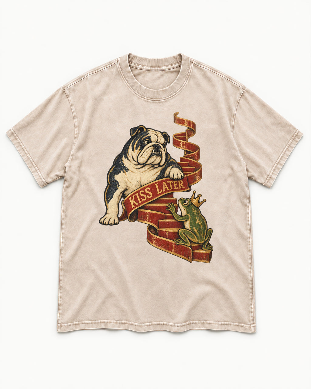 English Bulldog Kiss Later Frog Prince Graphic Washed Tee in Apricot, flat lay product photo