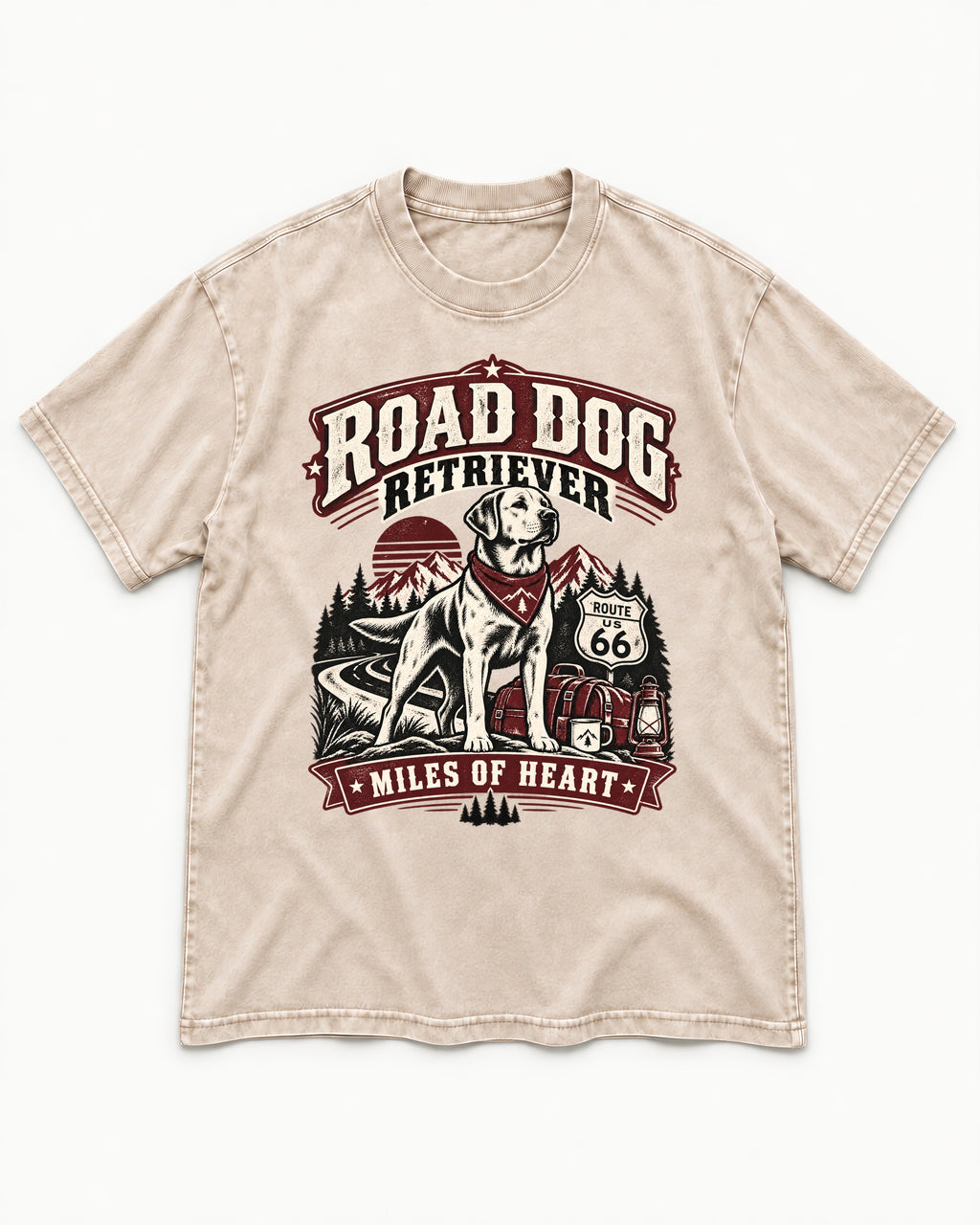 Labrador Retriever Road Dog Miles of Heart Route 66 Graphic Washed Tee in Apricot, flat lay product photo