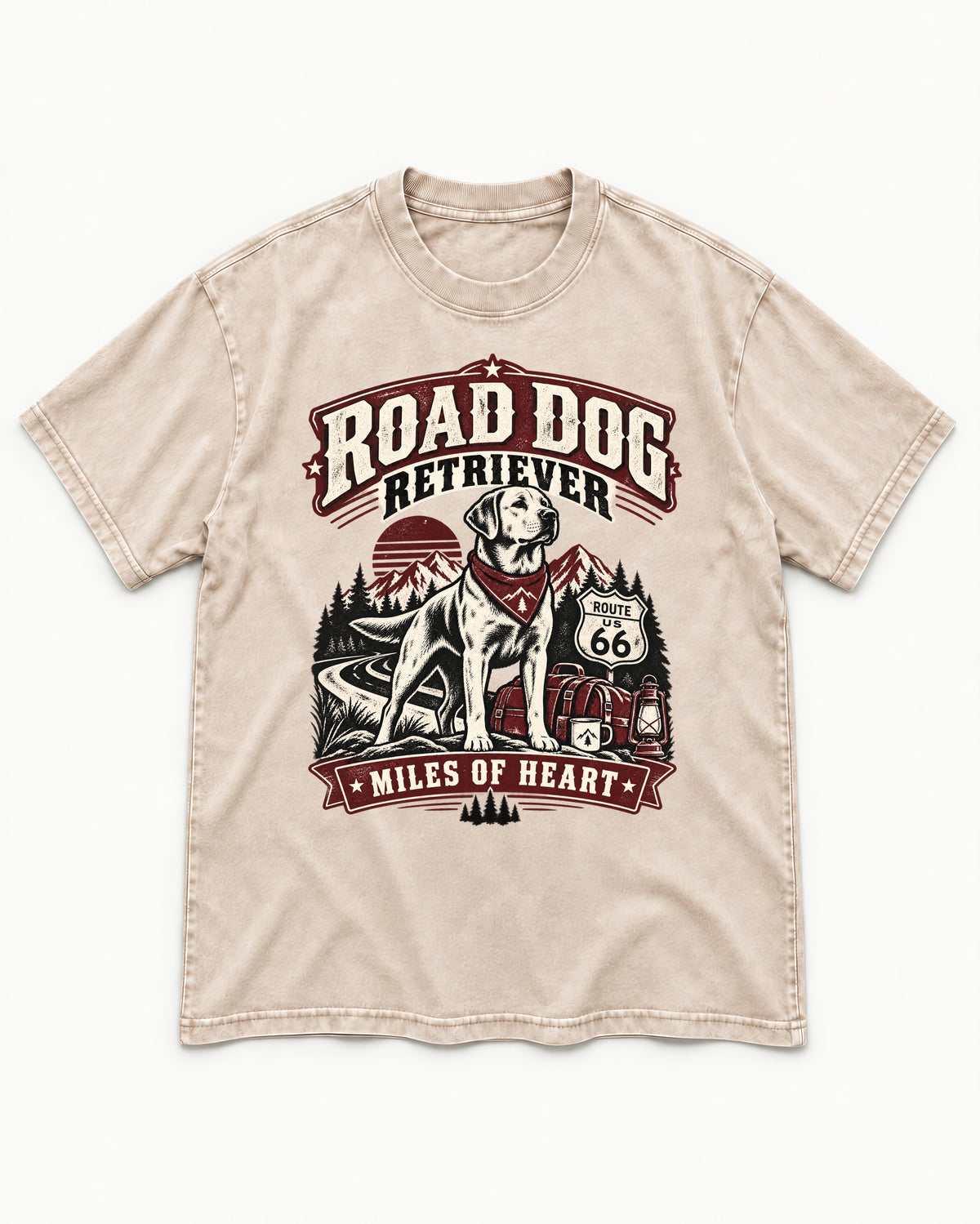 Labrador Retriever Road Dog Miles of Heart Route 66 Graphic Washed Tee in Apricot, flat lay product photo