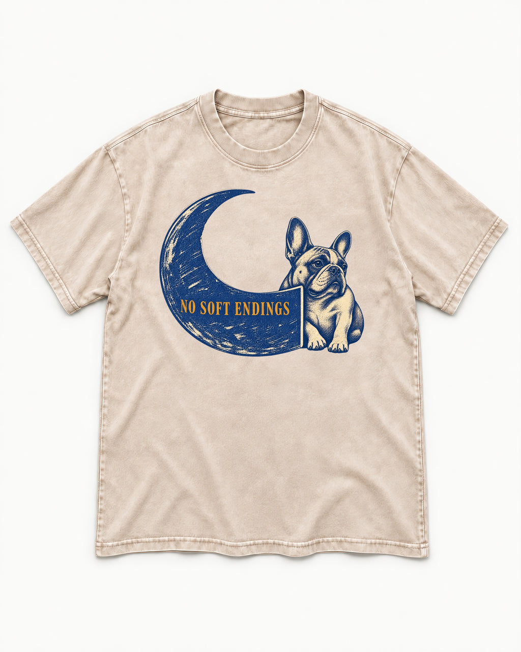 Frenchie No Soft Endings Crescent Graphic Washed Tee in Apricot, flat lay product photo