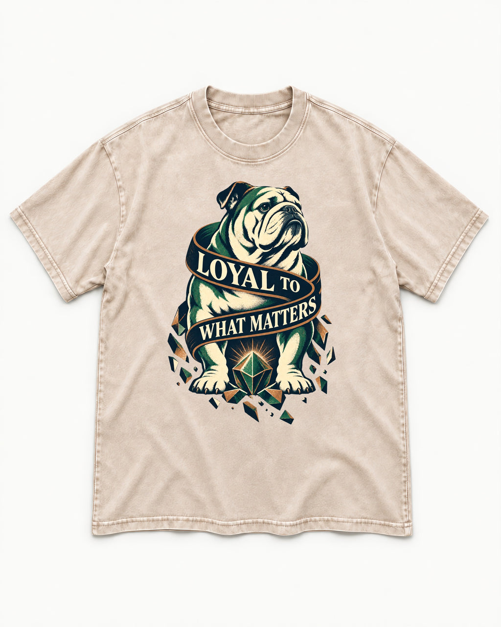 Loyal to What Matters English Bulldog Washed Tee in Apricot, flat lay product photo