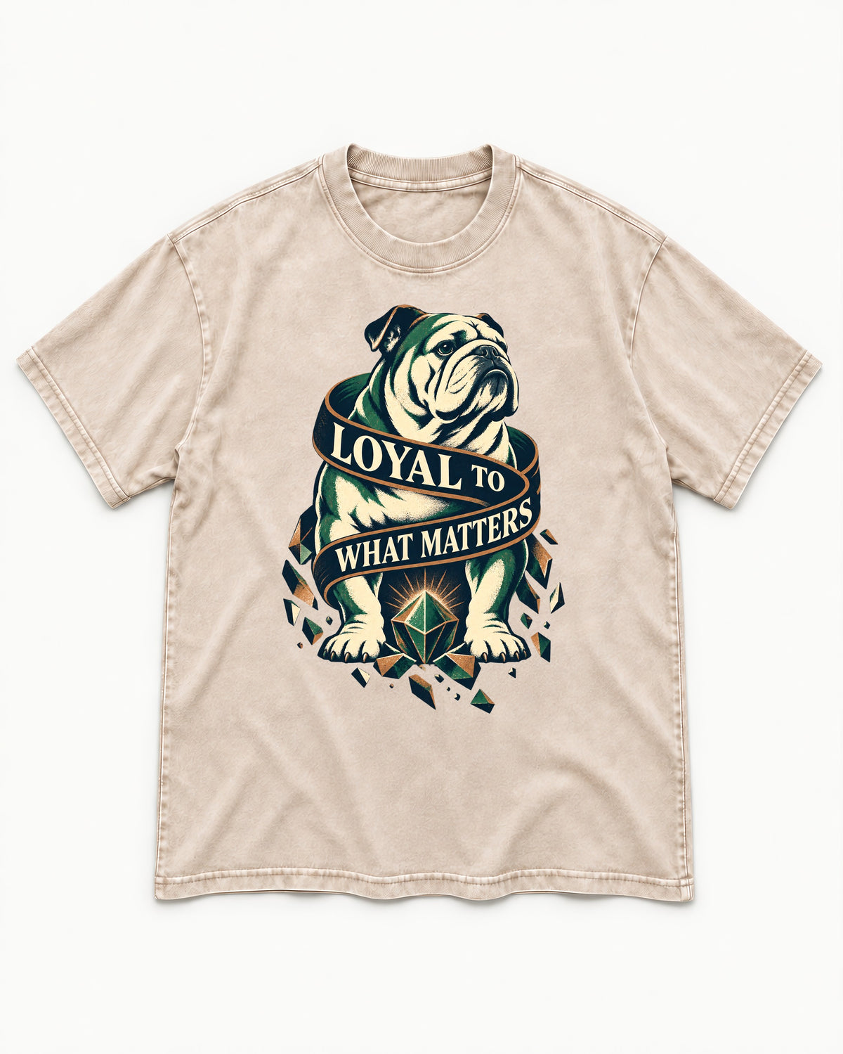 Loyal to What Matters English Bulldog Washed Tee in Apricot, flat lay product photo