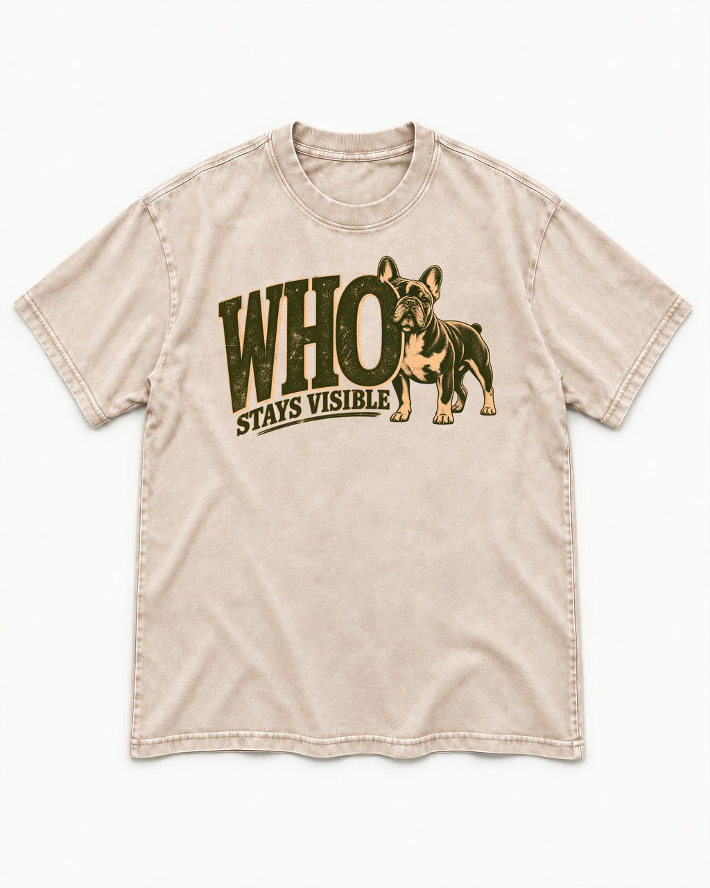 Frenchie Stays Visible Washed Tee in Apricot, flat lay product photo