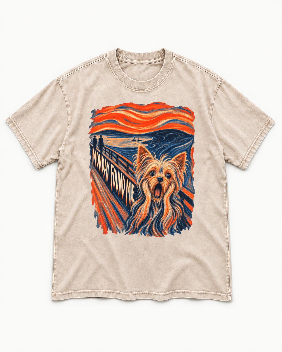 Yorkshire Terrier Monday Found Me Scream Parody Graphic Washed Tee in Apricot, flat lay product photo
