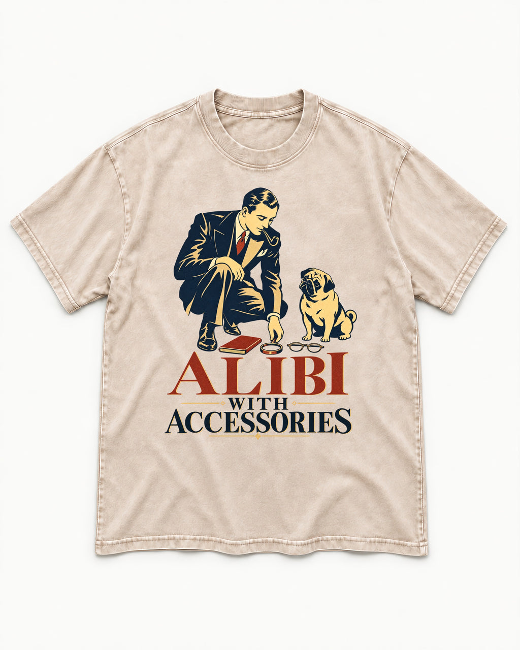 Pug Alibi with Accessories Washed Tee in Apricot, flat lay product photo