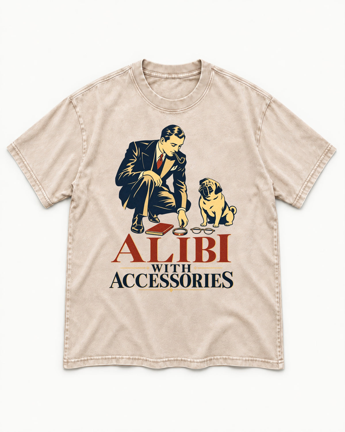 Pug Alibi with Accessories Washed Tee in Apricot, flat lay product photo