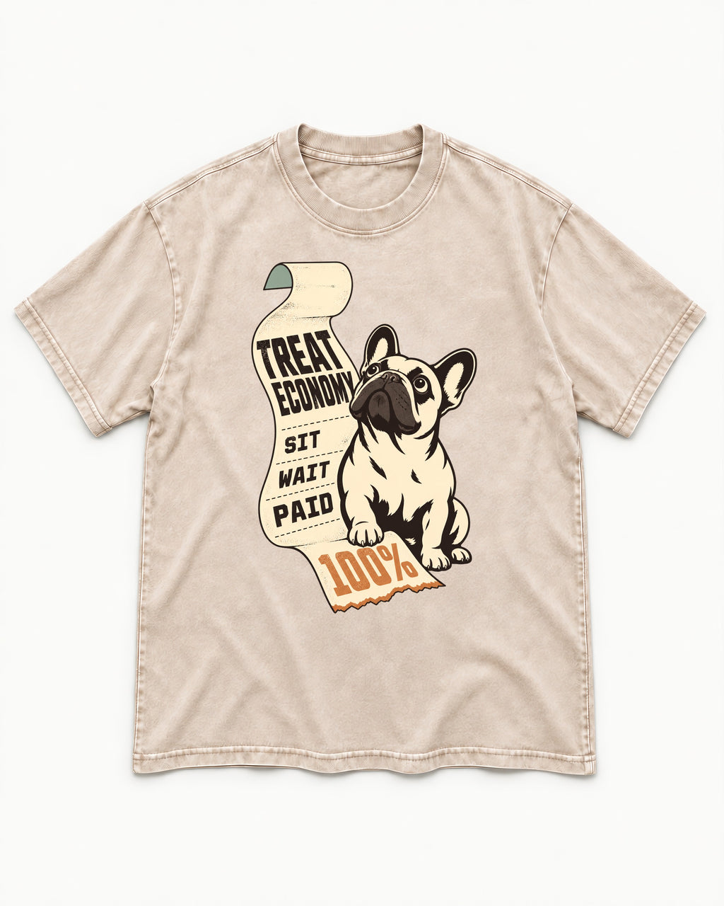 Frenchie Treat Economy Sit Wait Paid Receipt Graphic Washed Tee in Apricot, flat lay product photo